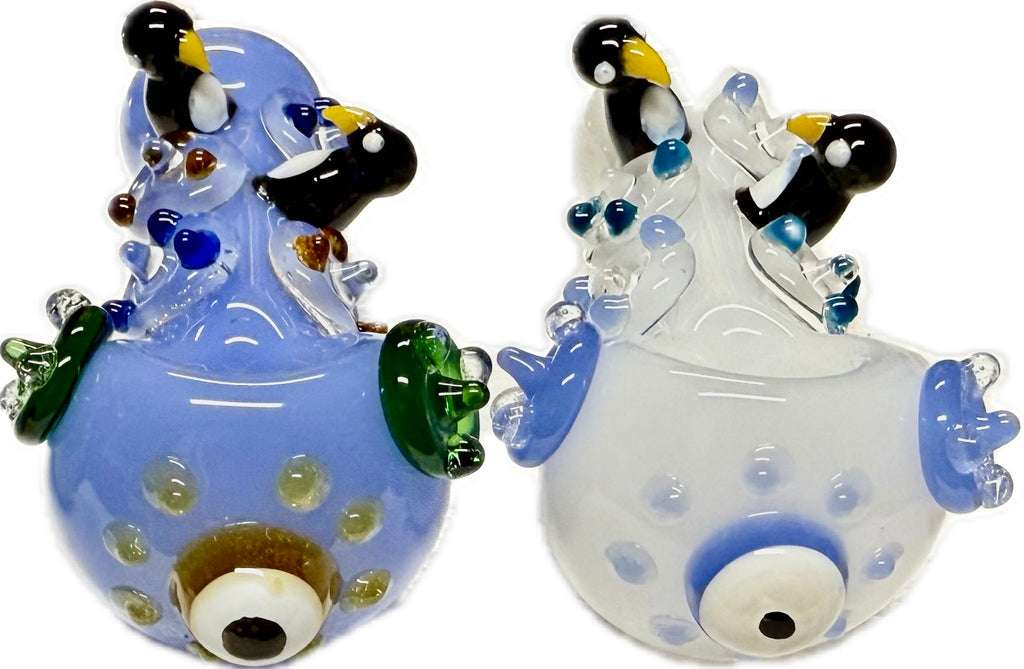 Ripkitty 4.5" penguin art pipe — periwinkle blue & white colorway, front bowl view showing evil eye accent, blue dot body, and flipper side accents