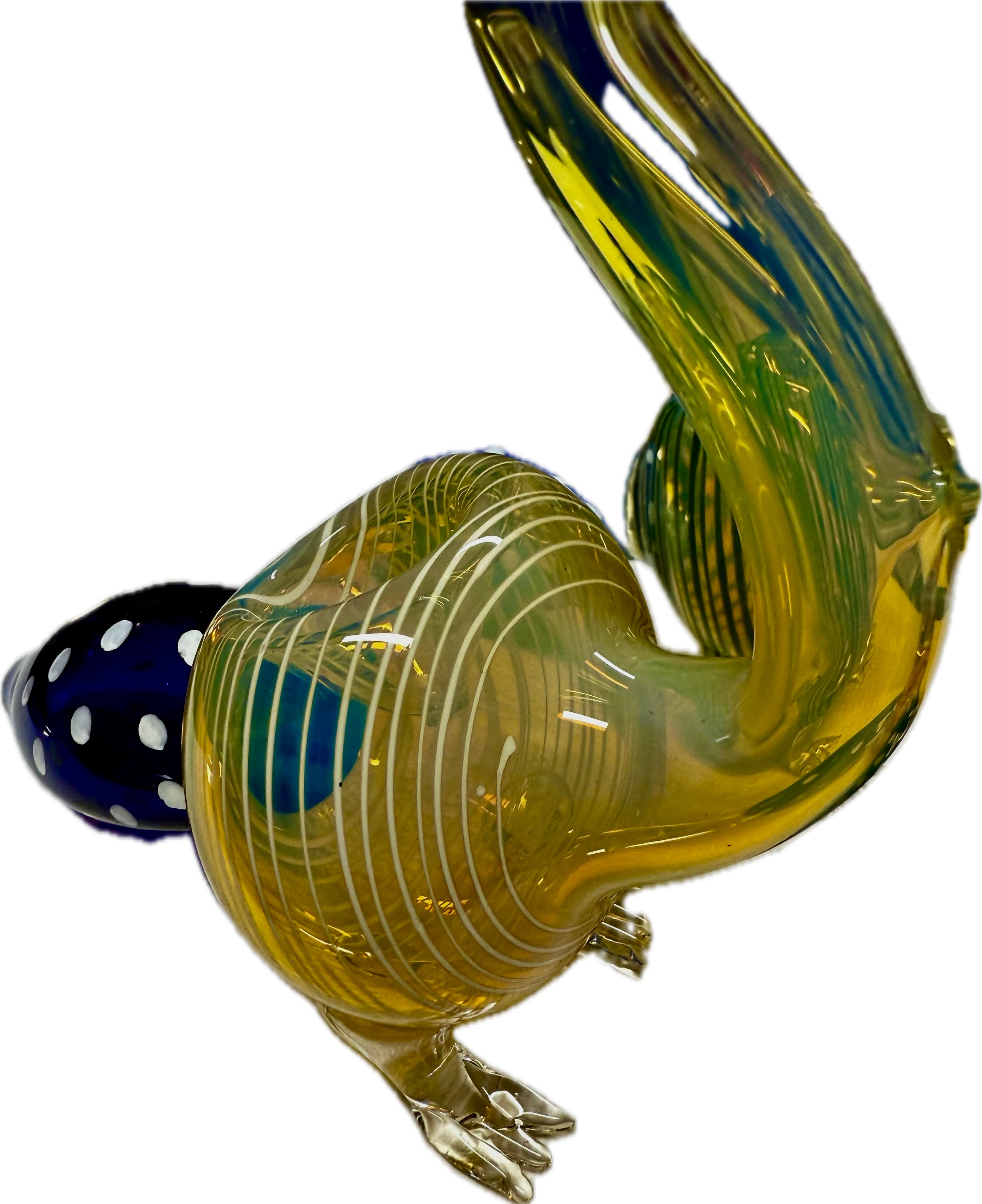 Ripkitty peacock art pipe — amber-red colorway, angled view of rounded striped body with sculpted feet and blue dot bowl