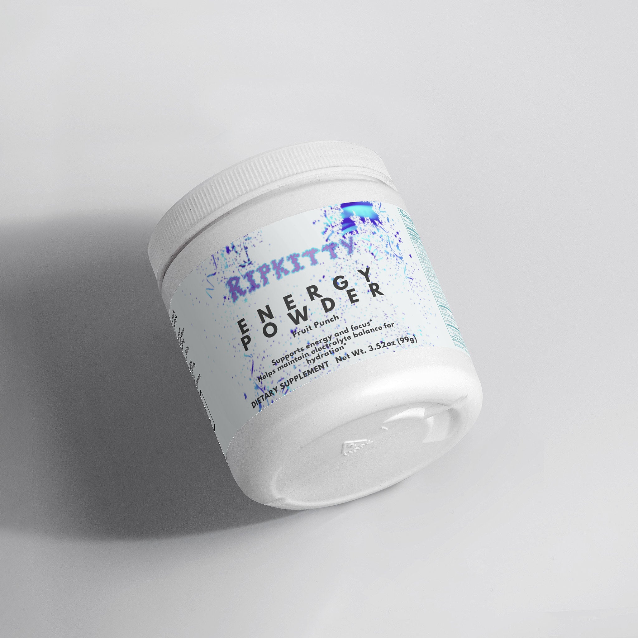Container of Ripkitty Energy Powder on a light gray background