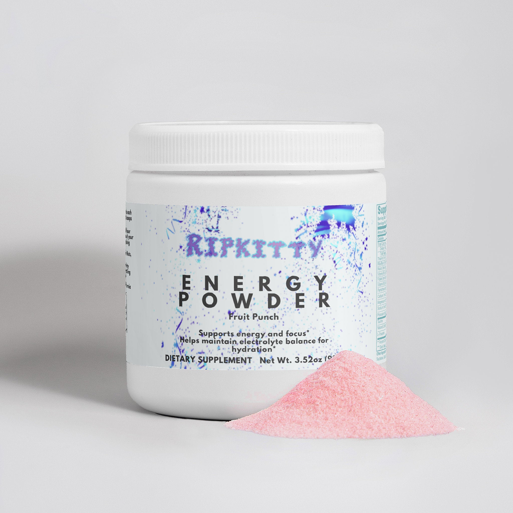 Container of Rikitty Energy Powder with pink powder on a light gray background