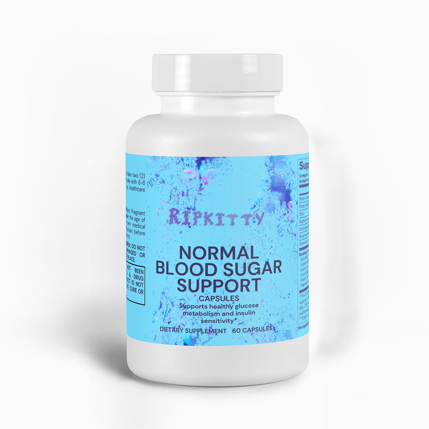 Supplement bottle labeled 'Normal Blood Sugar Support' by Ripkitty on a white background
