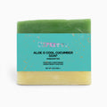 Green aloe vera soap bar with a turquoise label on a white background
