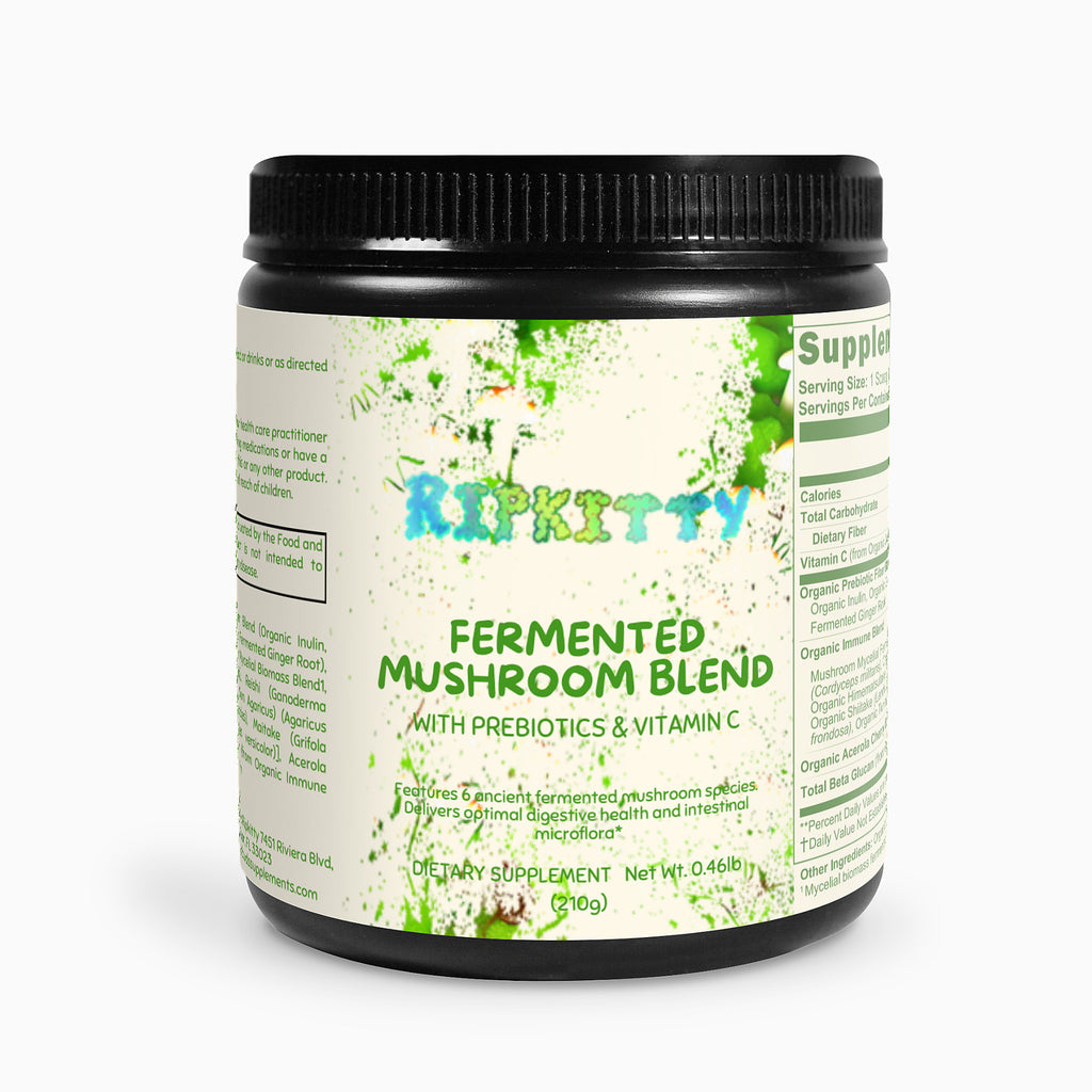 Supplement jar labeled 'RipKitty' with 'Fermented Mushroom Blend' on a white background