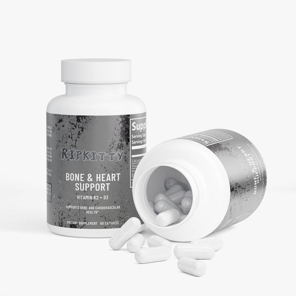 Supplement bottle labeled 'Ripkitty' with open cap showing white capsules on a white background