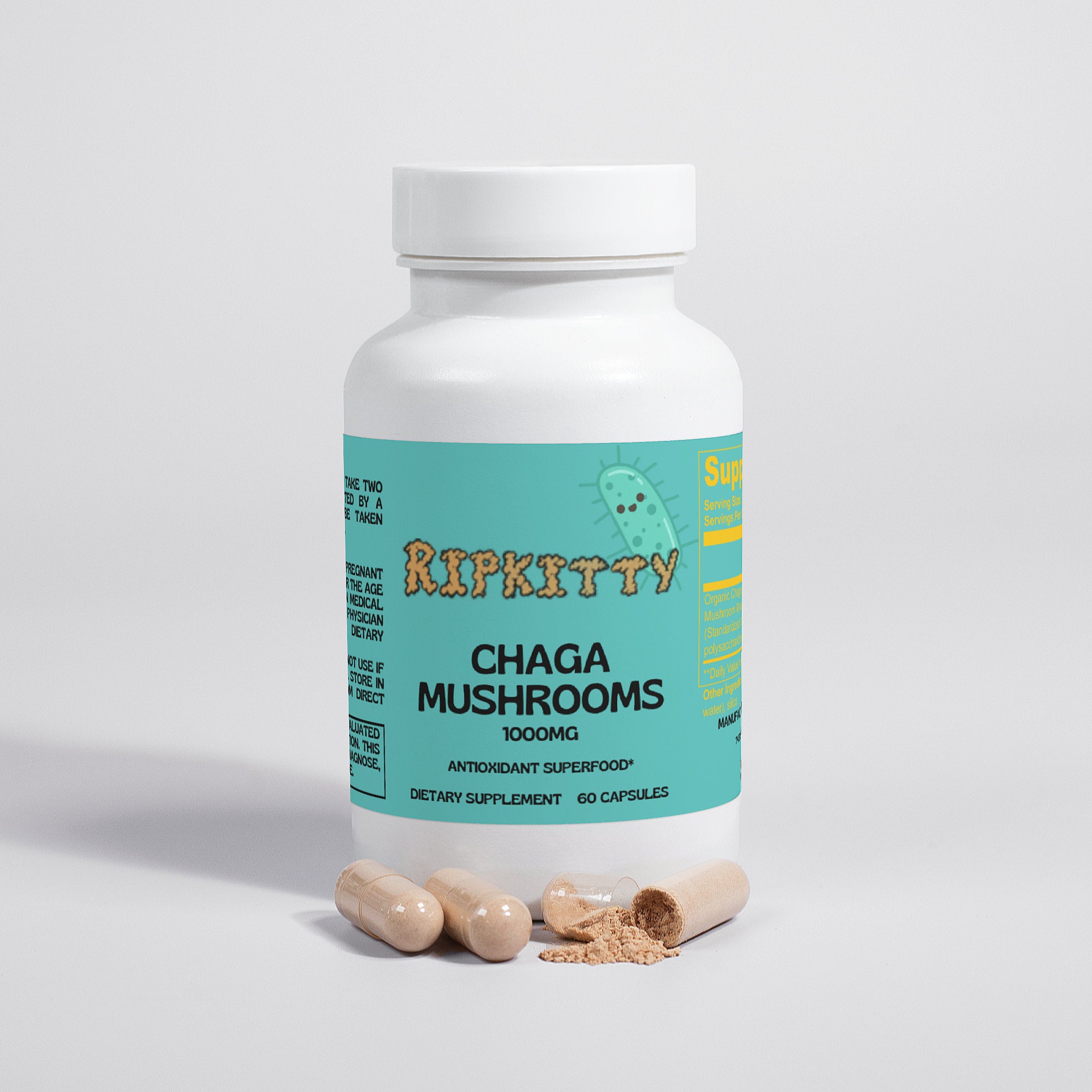 Supplement bottle labeled 'Ripkitty Chaga Mushrooms' with capsules on a light gray background