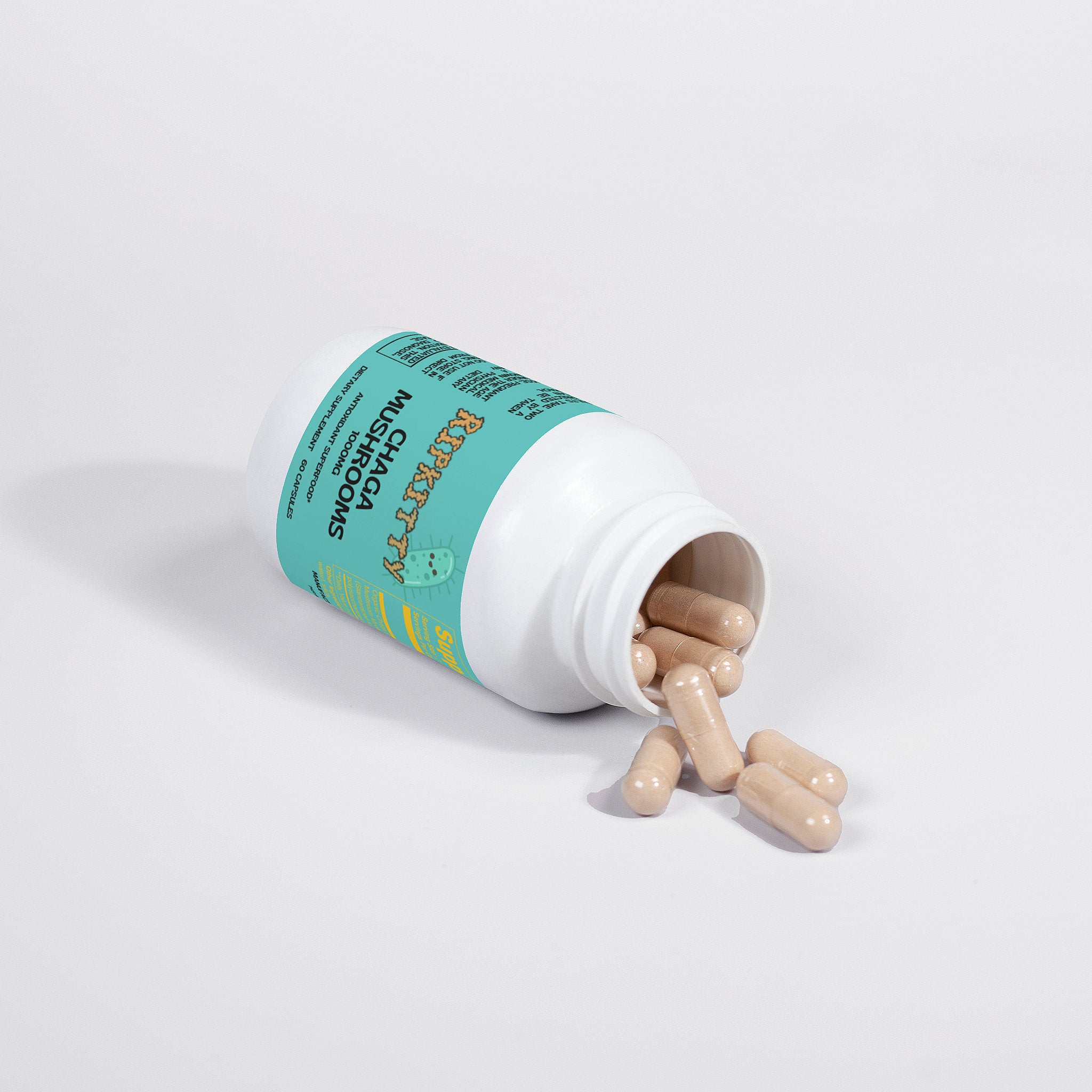 Supplement bottle with mushrooms spilling out on a light gray background
