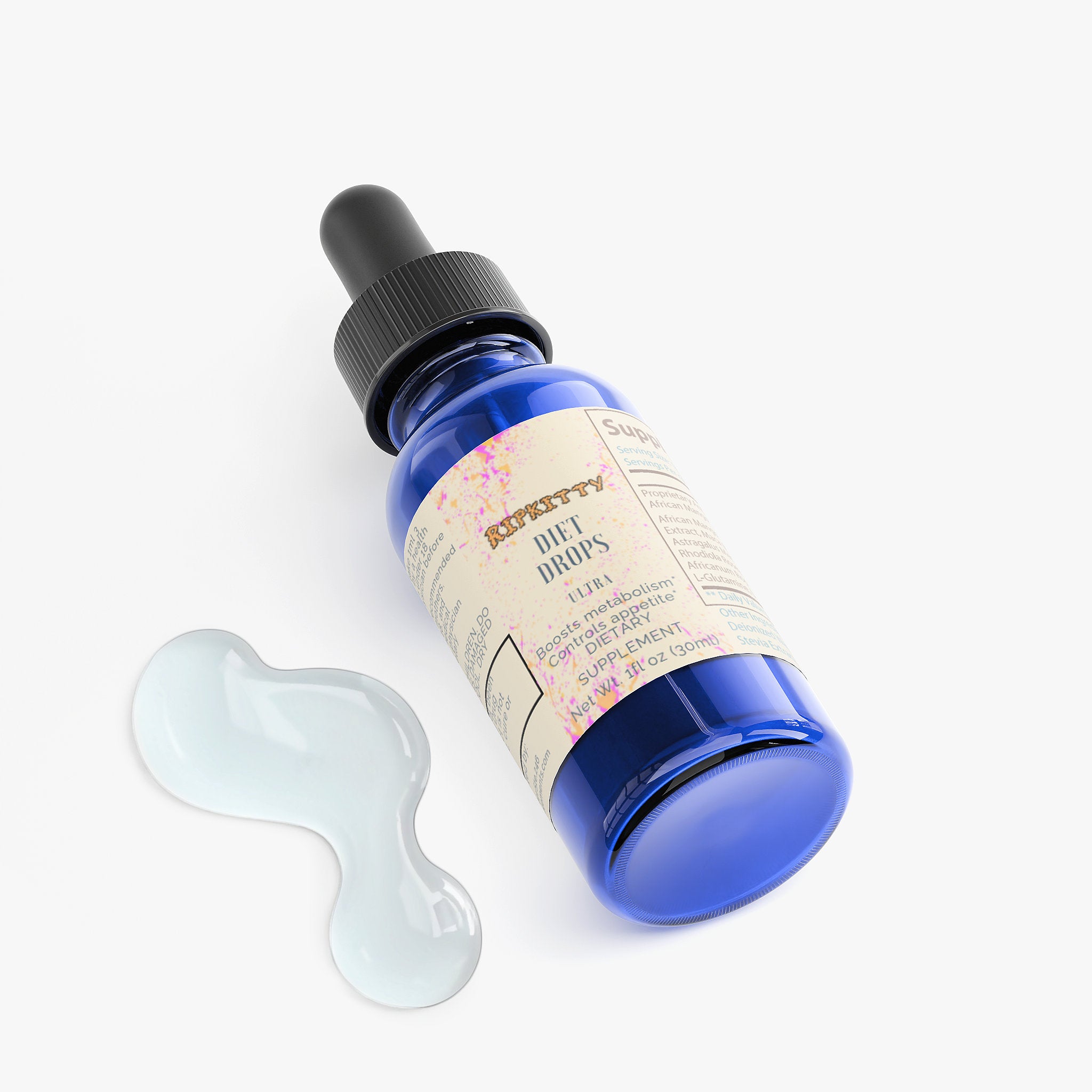 Blue bottle with dropper and label on a white background