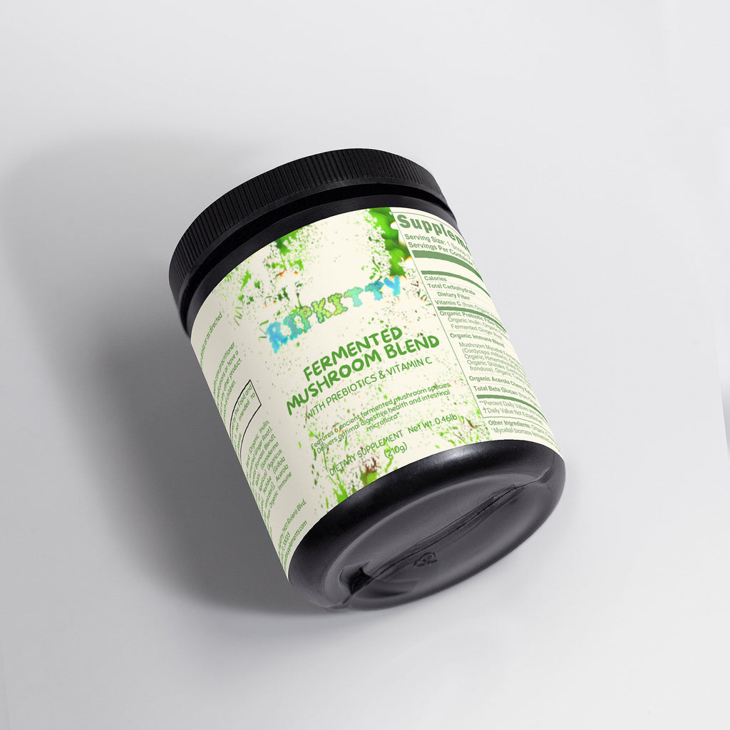 Fermented mushroom blend container with label on a gray background