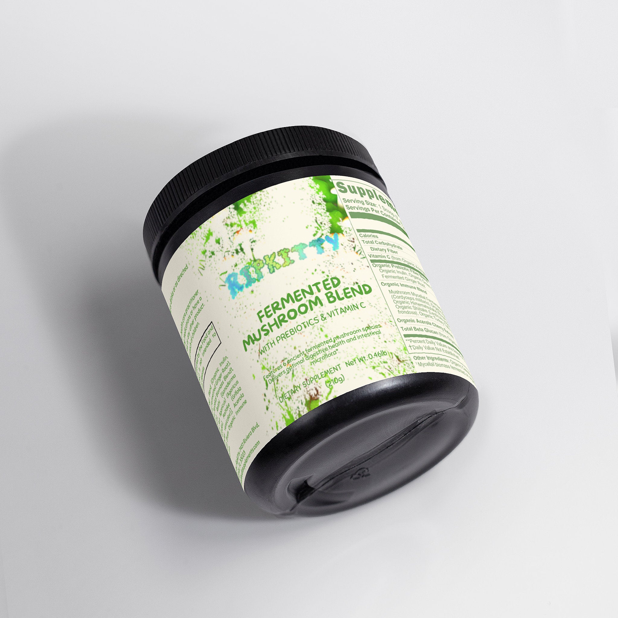 Fermented mushroom blend container with label on a gray background