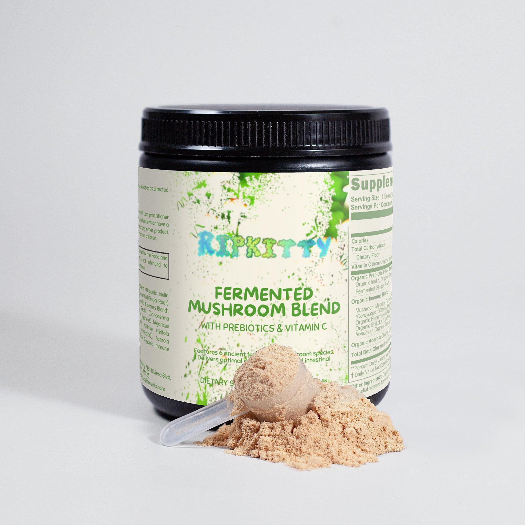 Supplement container labeled 'Ripkitty' with a scoop of powder on a light gray background