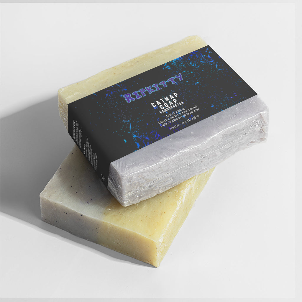 Two bars of soap with a Ripkitty label on a white background