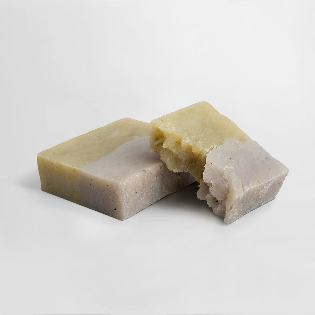 Bar of soap with a piece missing on a light gray background