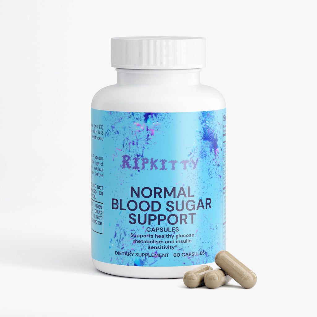 Supplement bottle labeled 'Normal Blood Sugar Support' by Ripkitty on a white background