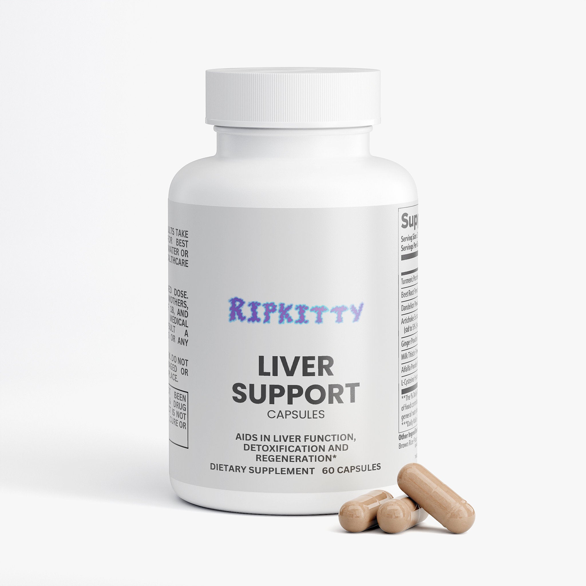 Supplement bottle labeled 'Liver Support' by Ripkitty on a white background