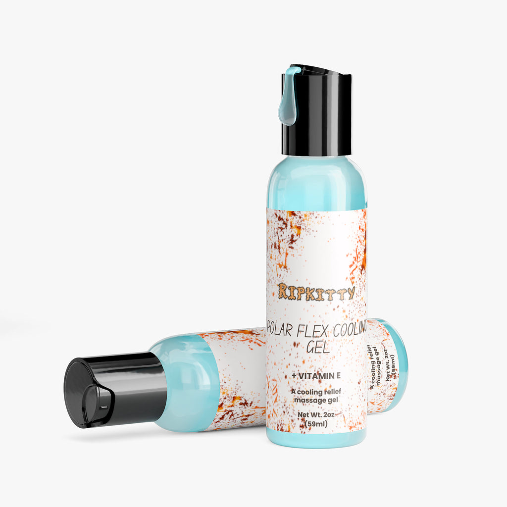 Bottle of Ripkitty Polar Flex Cooling Gel on a light gray background