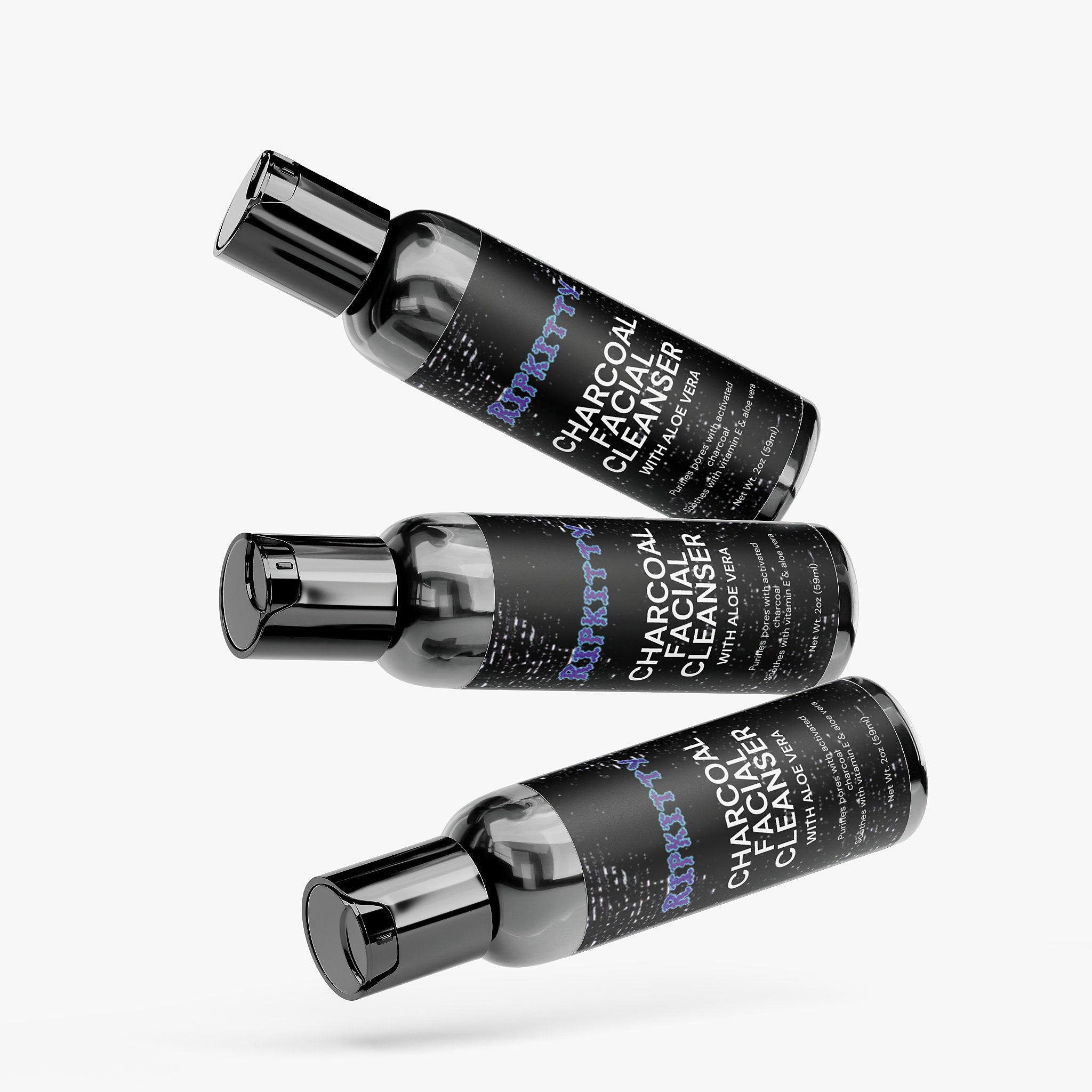 Three bottles of Charcoal Facial Cleanser on a white background