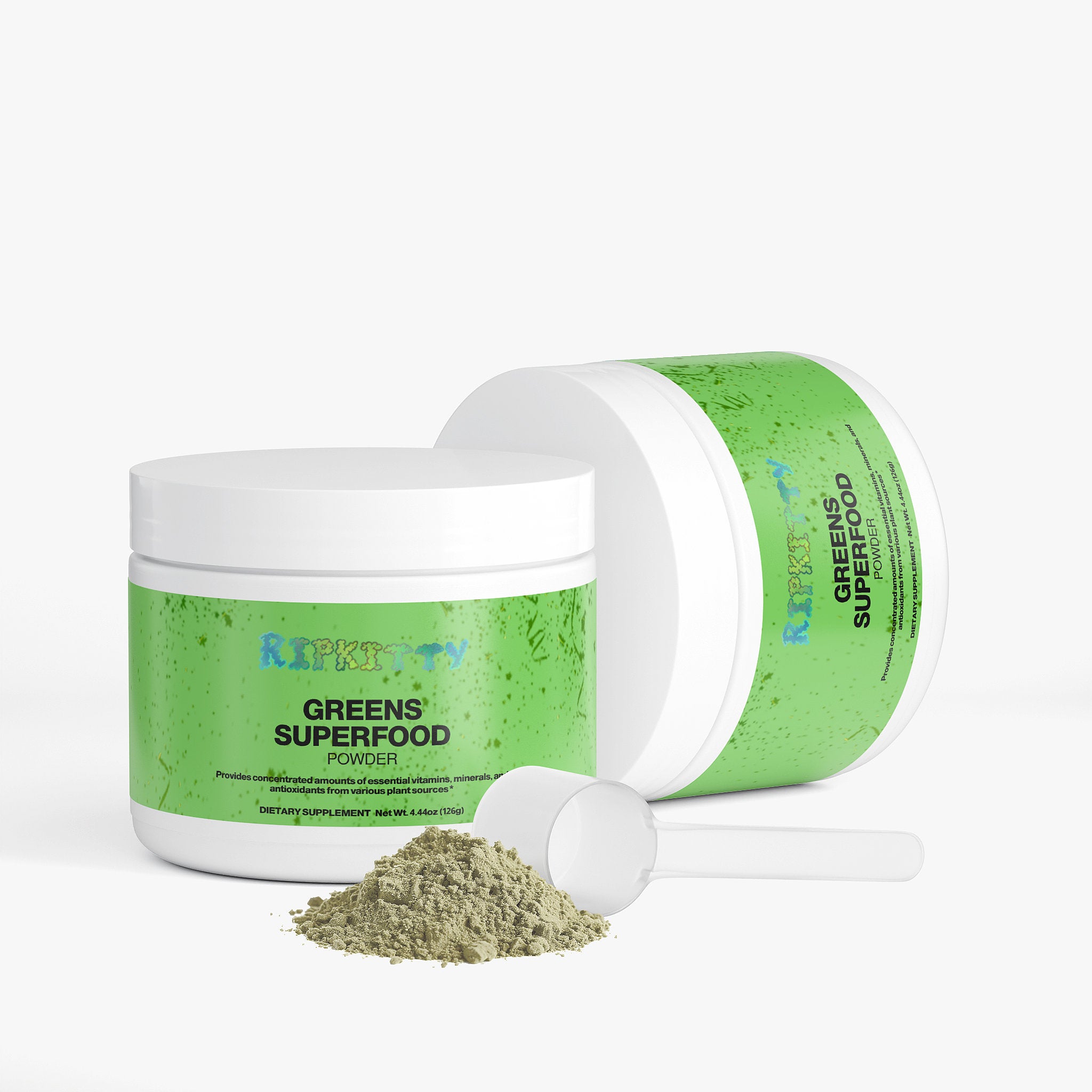 Two containers of Ripkitty Greens Superfood Powder with a scoop on a white background