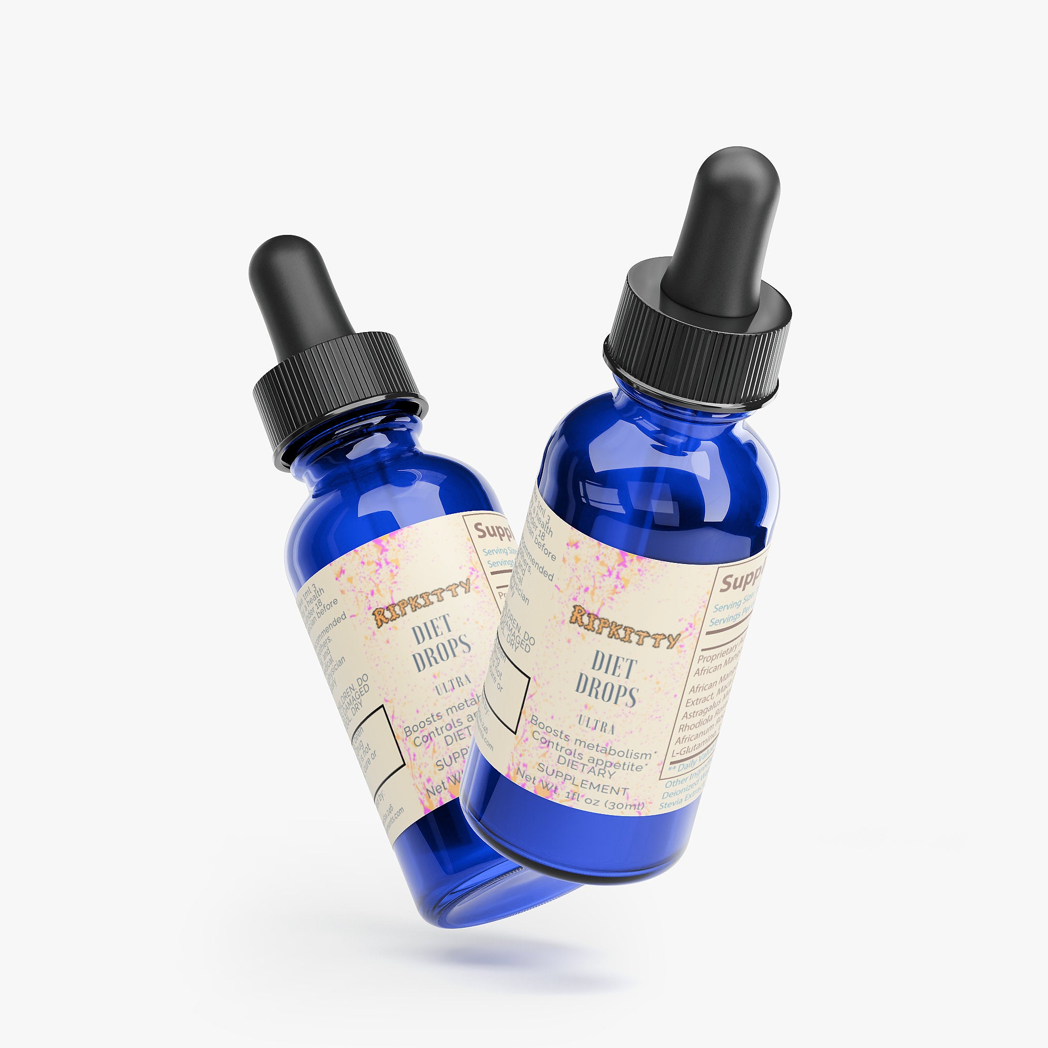 Two blue dropper bottles with labels on a white background