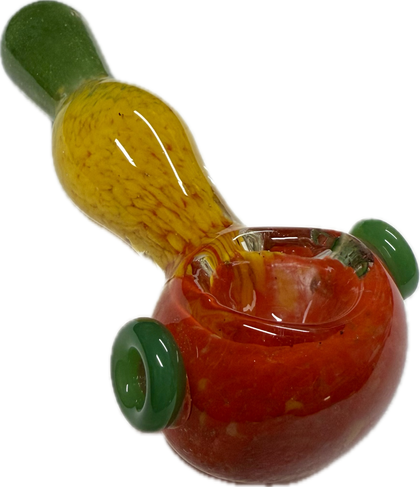 Ripkitty 3.5" rasta art spoon pipe on white background — top-down bowl view showing red chamber, green ring accents, and yellow frit neck