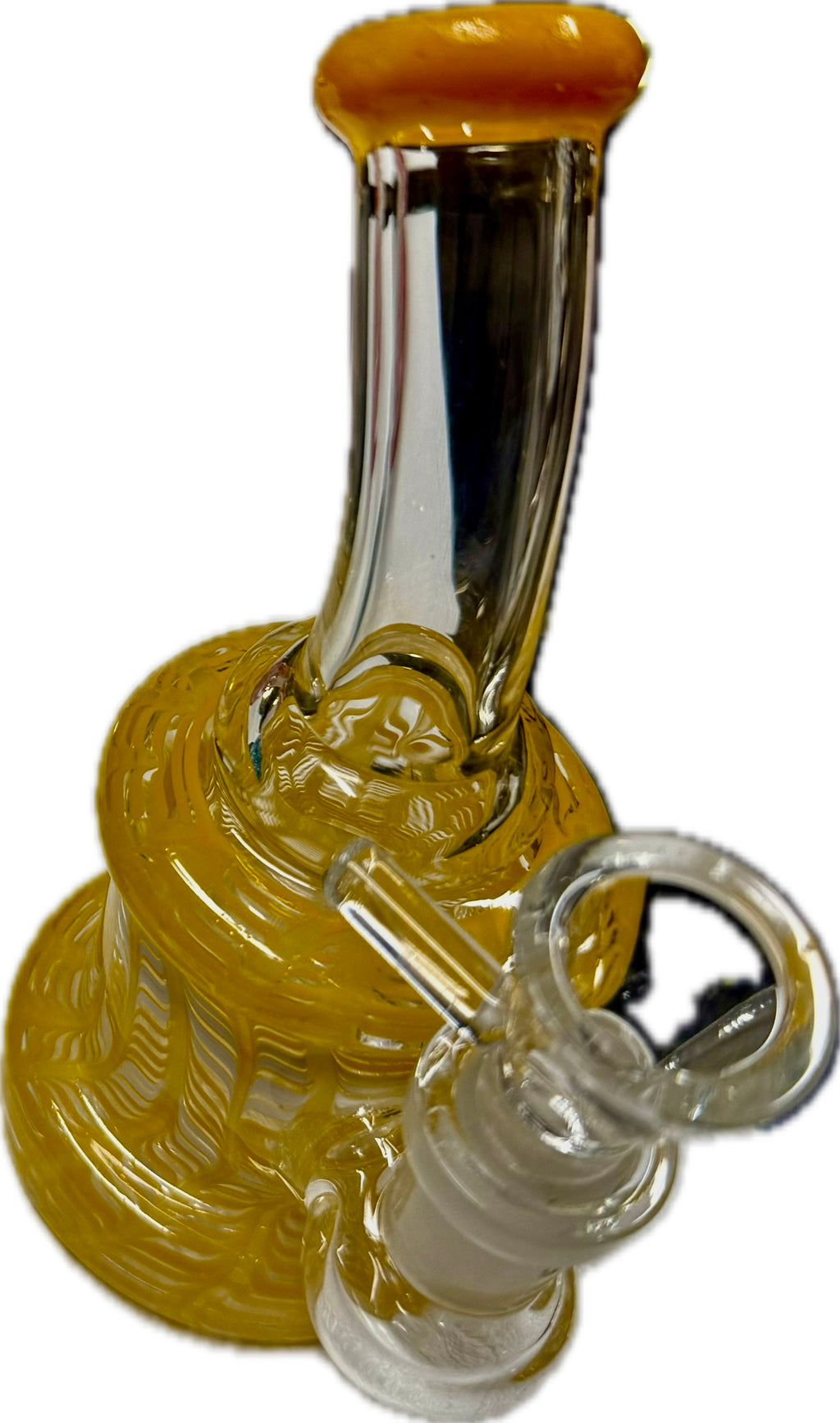 Transparent Ripkitty 5" fancy mini bong in amber gold colorway with ornate ribbed body, curved neck, and clear 14mm male bowl — white background