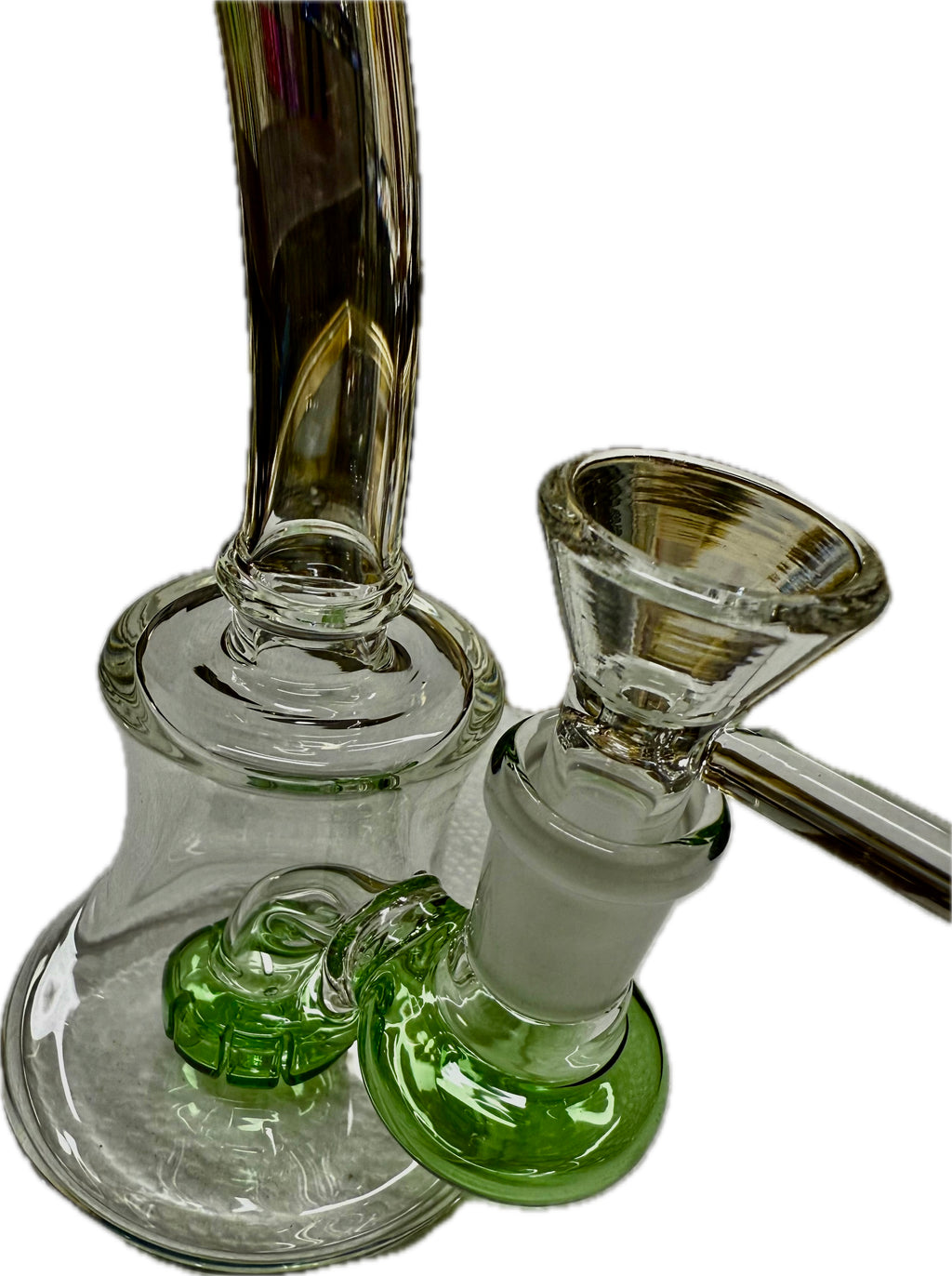 Ripkitty 7" conical bong — color shower neck, pink/rose base accent, front view showing bell base, percolator chamber, and 14mm funnel bowl