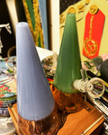 Ripkitty 7" 2-toned cone showerhead water pipe bong in slate blue and forest green colorways with amber base and clear glass bowl — side-by-side display