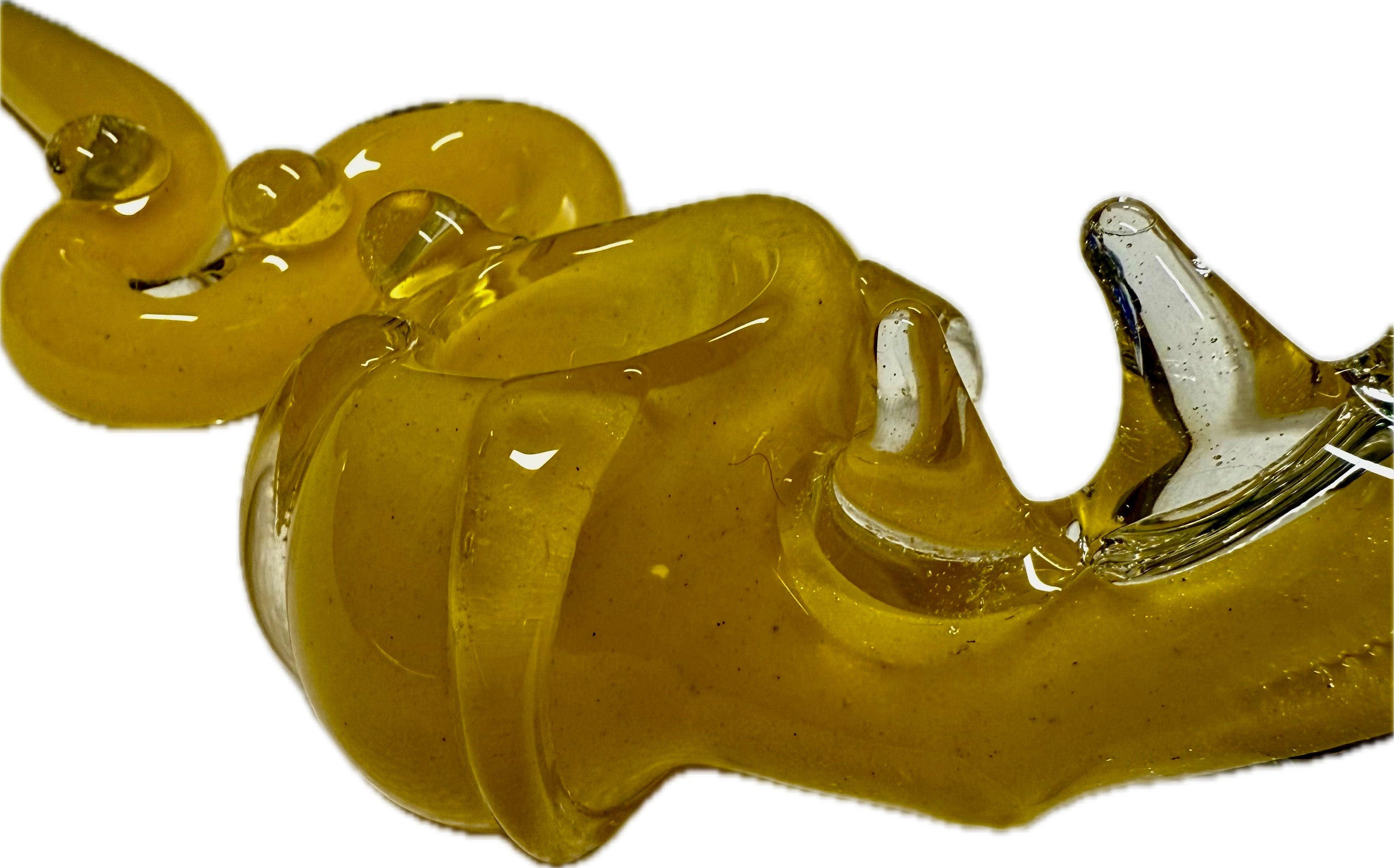 Side profile of amber Ripkitty 5" COBRA glass hand pipe showing full coiled snake form — borosilicate glass, colors may vary