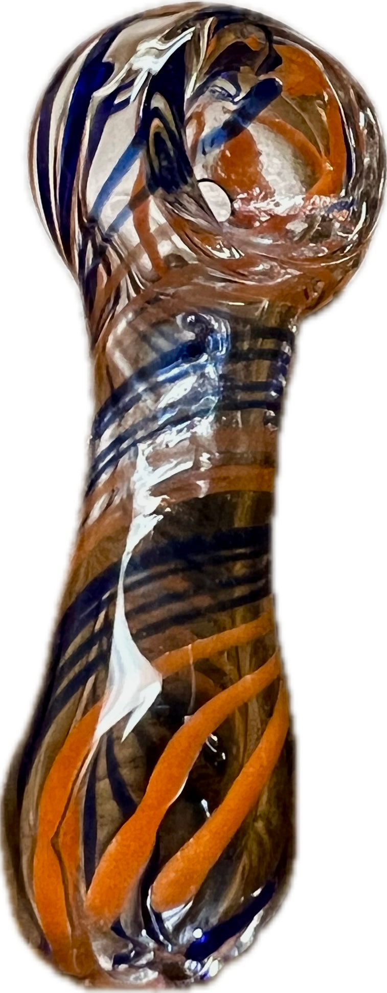 Ripkitty 3" striped swirly handblown glass spoon pipe — orange and navy blue spiral stripe colorway, front-facing view showing rounded bowl, helical stripe pattern across full body, and chunky mouthpiece, white background