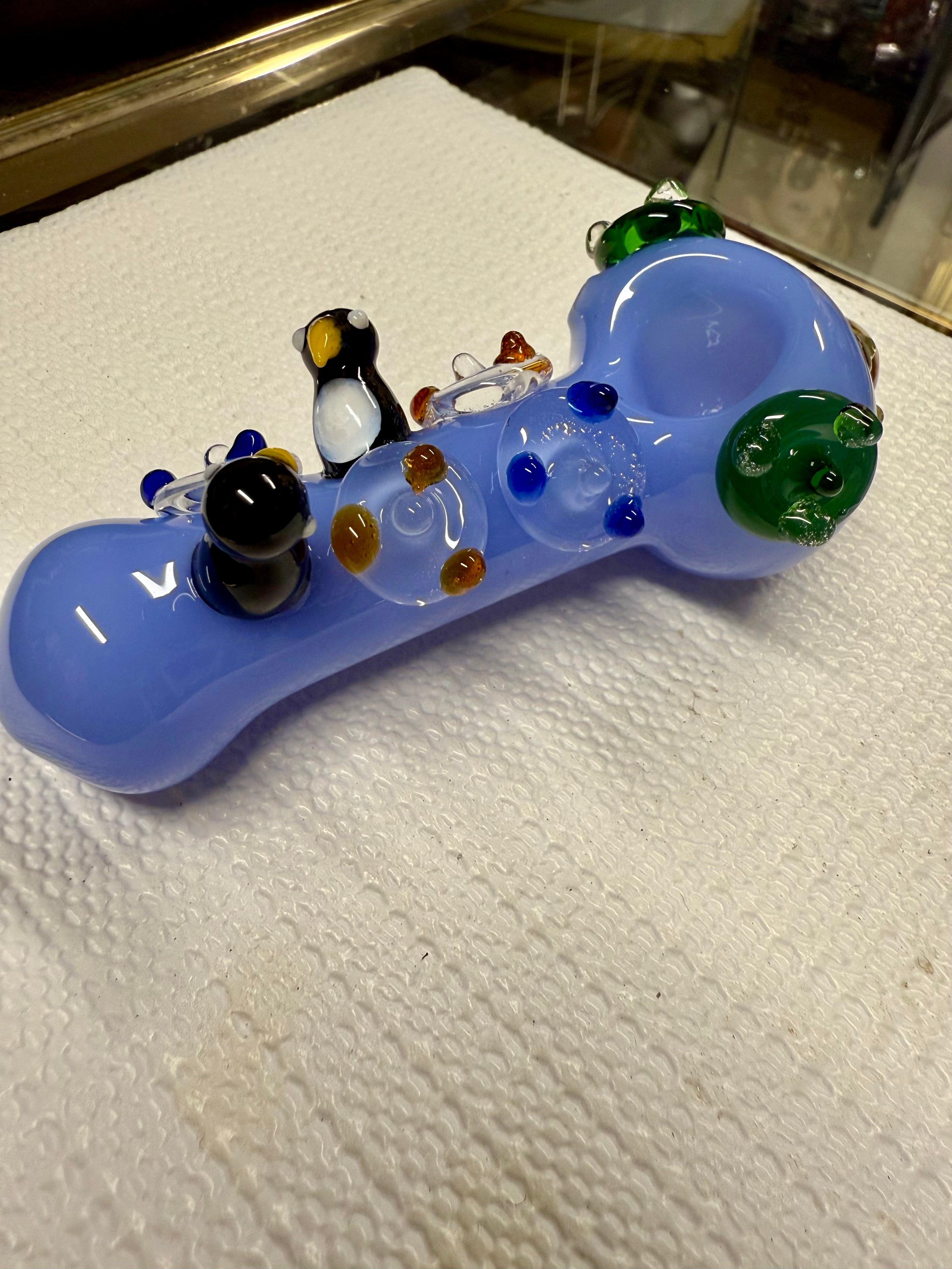 Ripkitty 4.5" penguin art pipe — alternate angle showing flipper side accents and dotted periwinkle body, white background