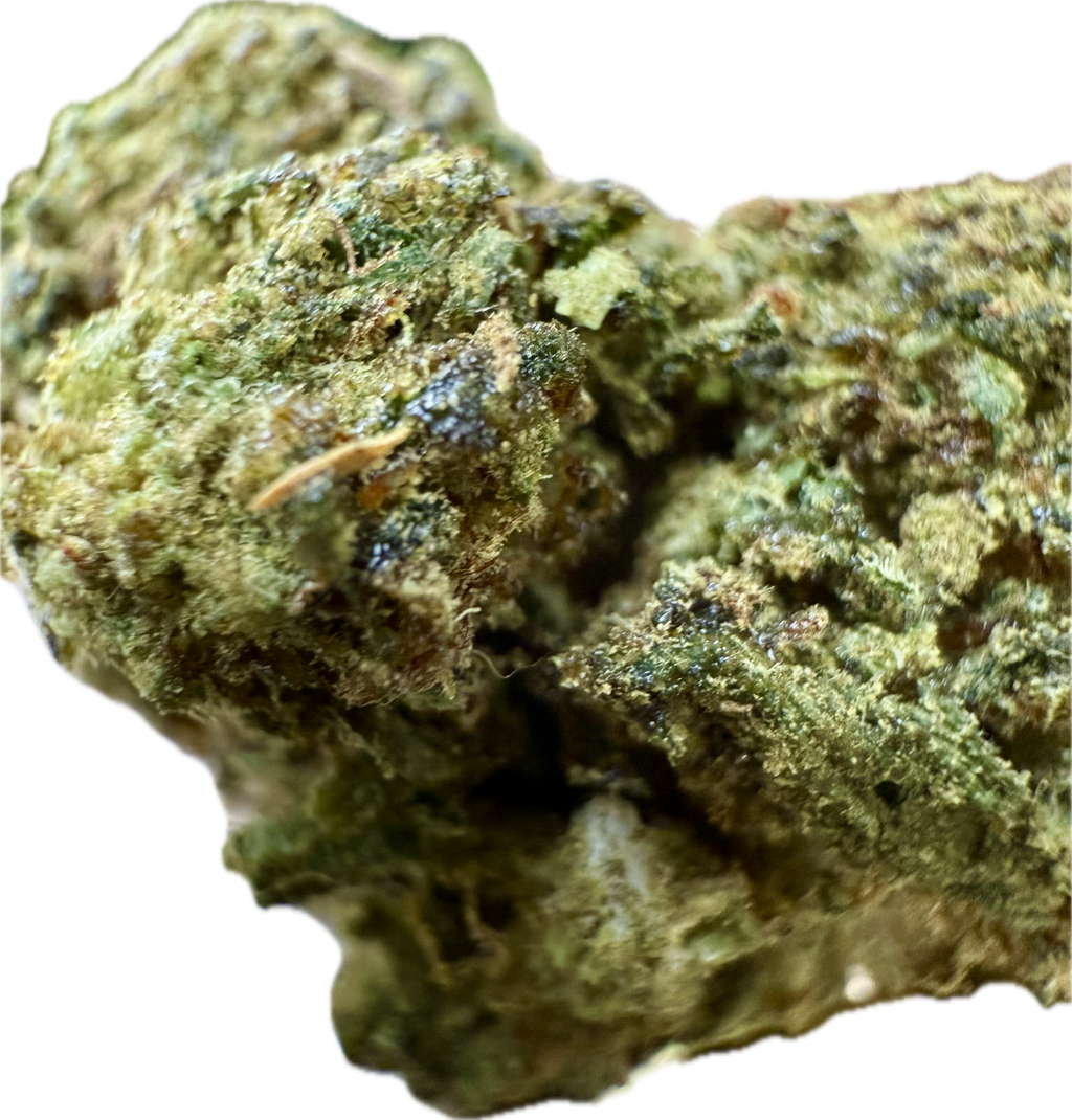 Extreme macro of Ripkitty Bubba Kush 59 HHC hemp flower — glistening resin glands and dark green calyxes visible