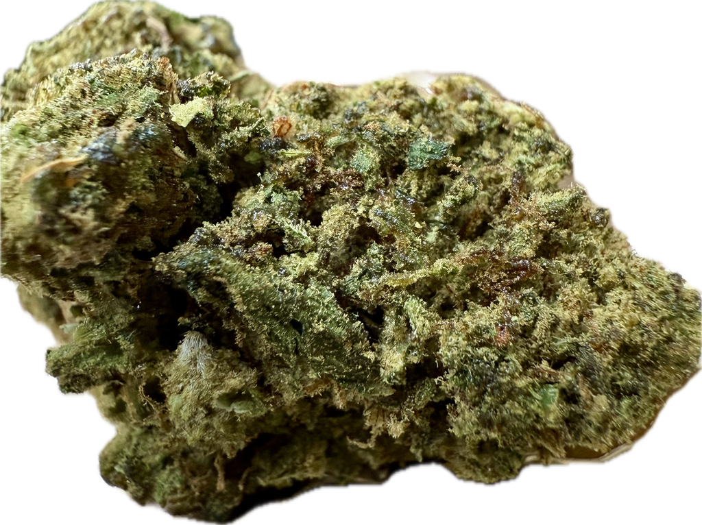 Close-up of Ripkitty Bubba Kush 59 HHC hemp flower nug showing dense green bud structure and trichome coverage
