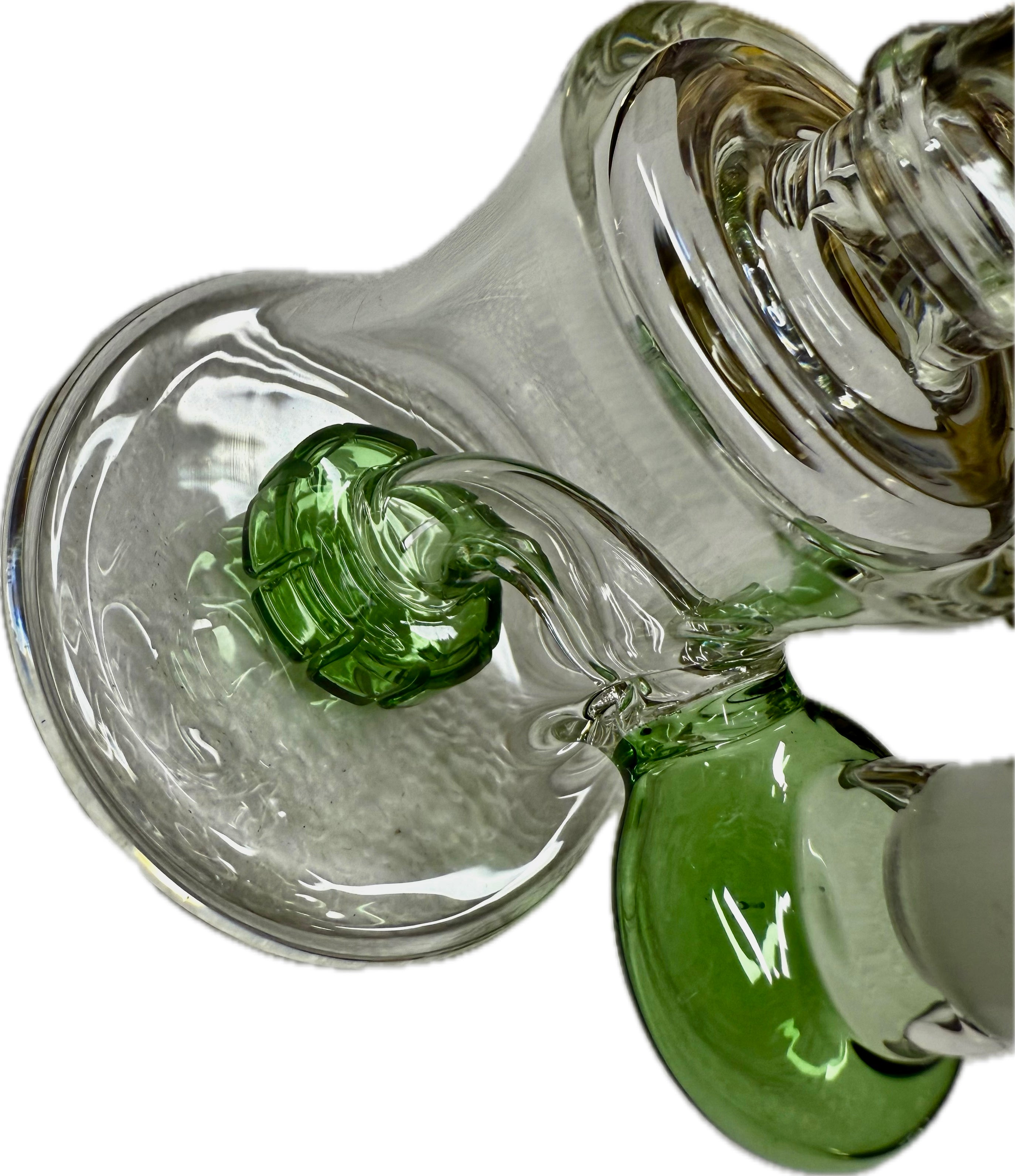 Two Ripkitty 7" conical bongs side by side — clear/white accent (left) and green accent (right), both with color shower necks and 14mm funnel bowls, white background