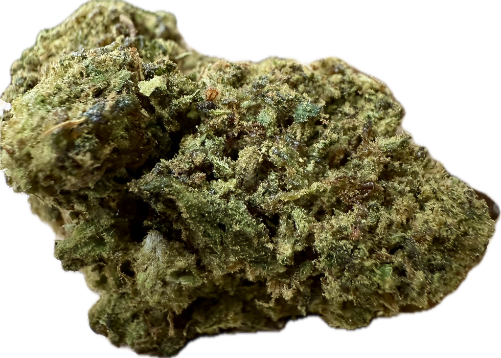 Ripkitty Bubba Kush 59 HHC hemp flower — dense olive-green nug with visible trichomes on white background