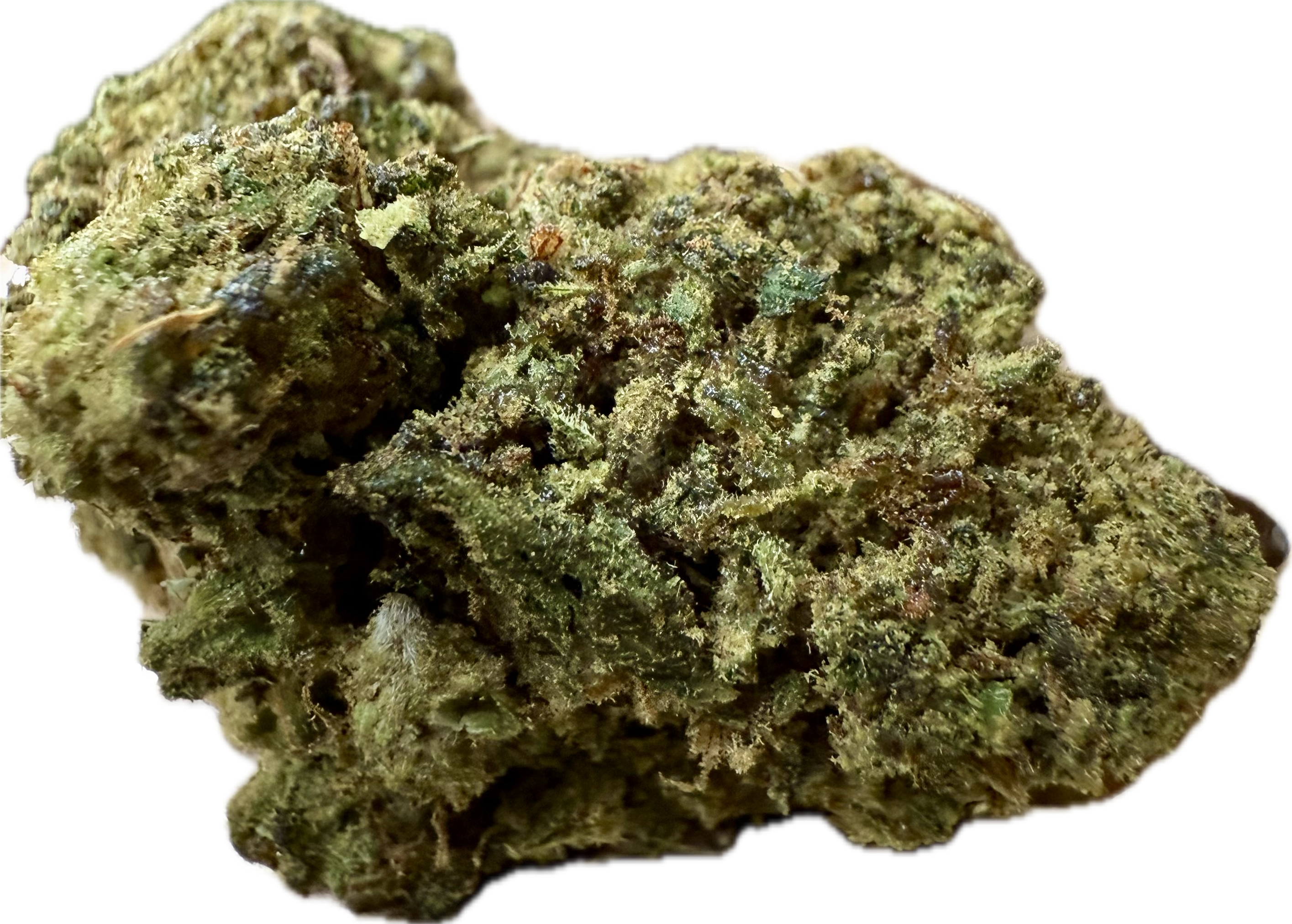 Ripkitty Bubba Kush 59 HHC hemp flower — dense olive-green nug with visible trichomes on white background