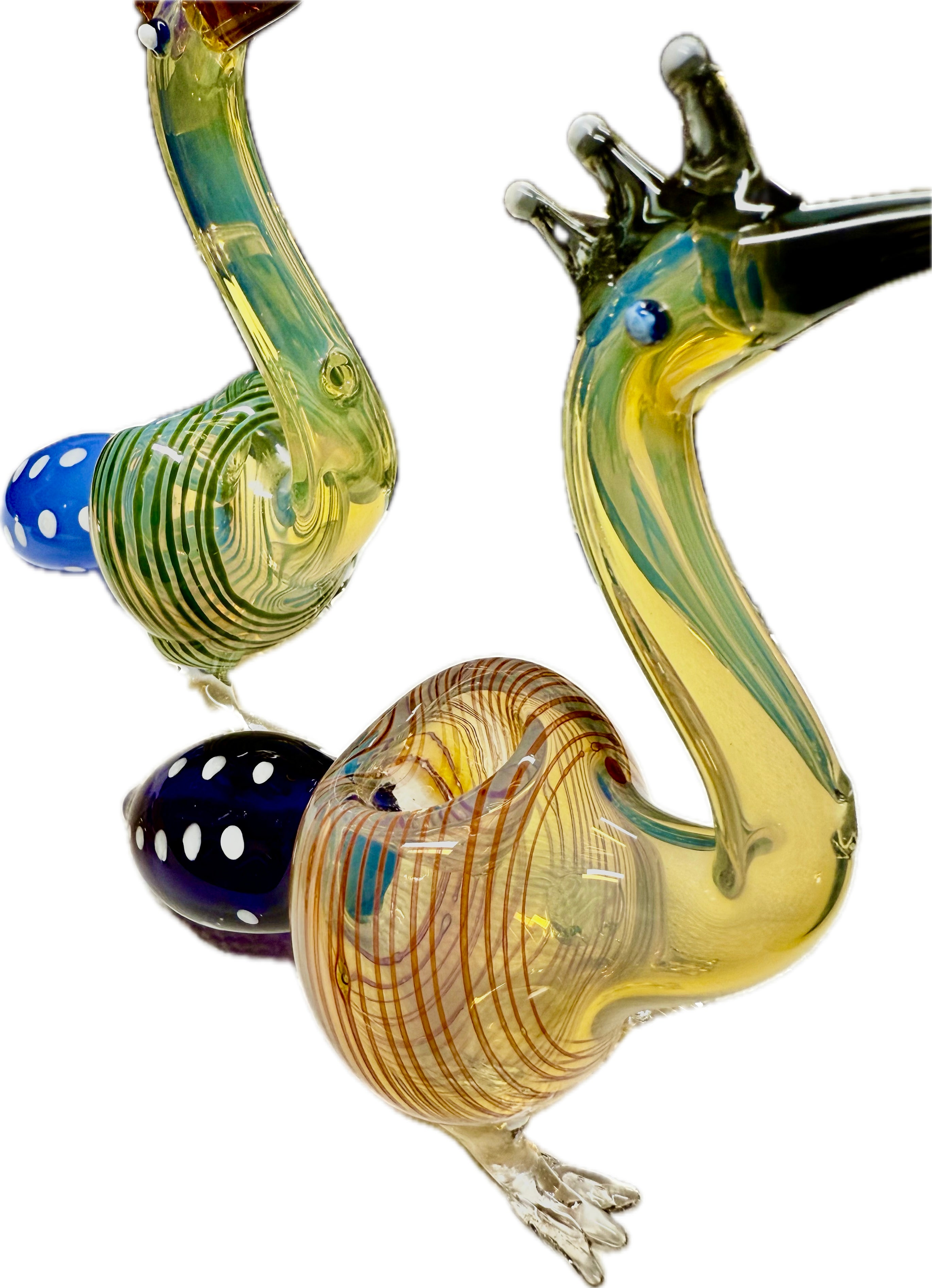 Ripkitty 5" peacock glass pipe — amber-red colorway, close-up of peacock head showing dark beak mouthpiece, crest prongs, and glass eye bead