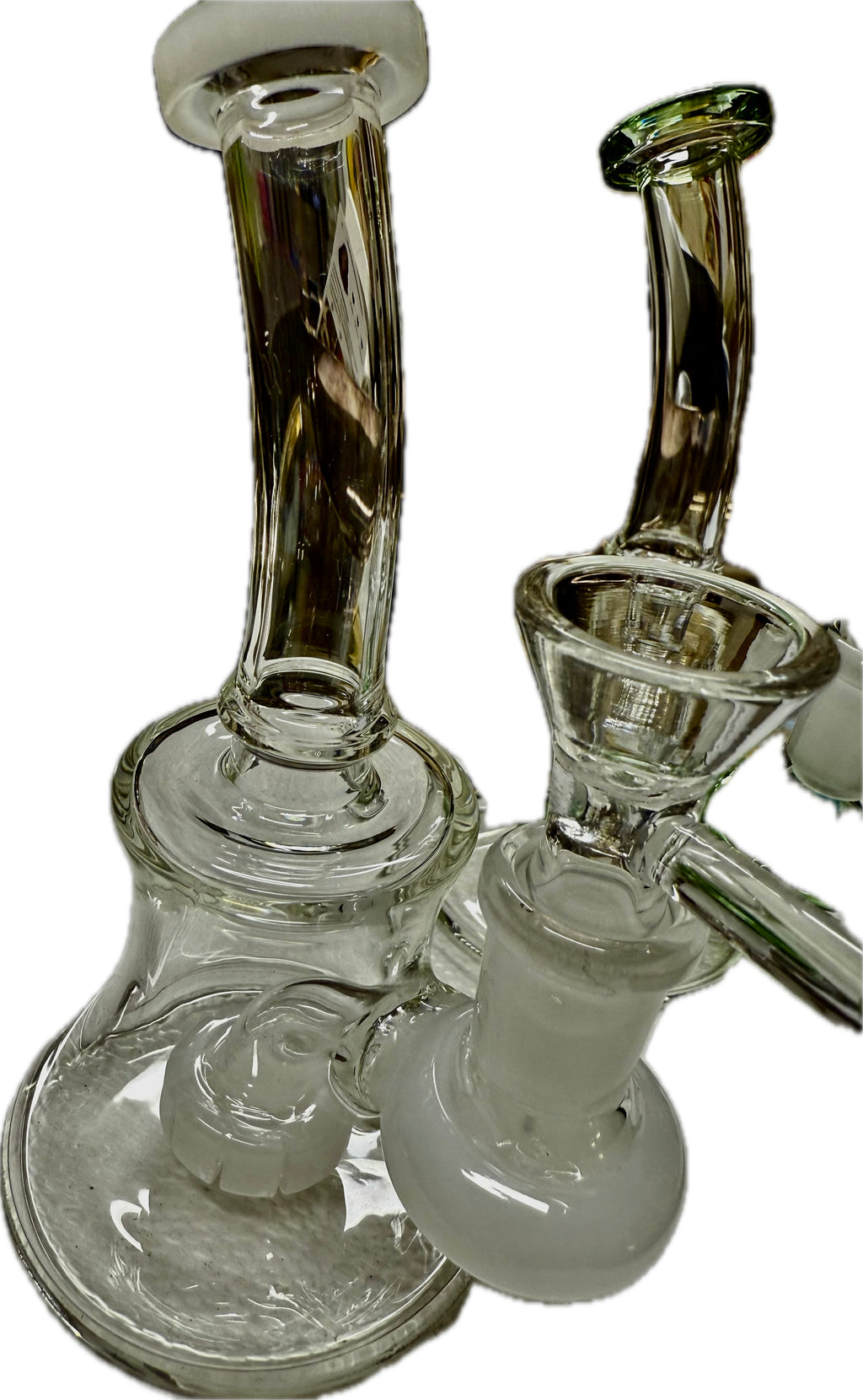 Ripkitty 7" conical bong — color shower neck, white base accent, three-quarter view showing iridescent neck twist and white sculpted percolator base