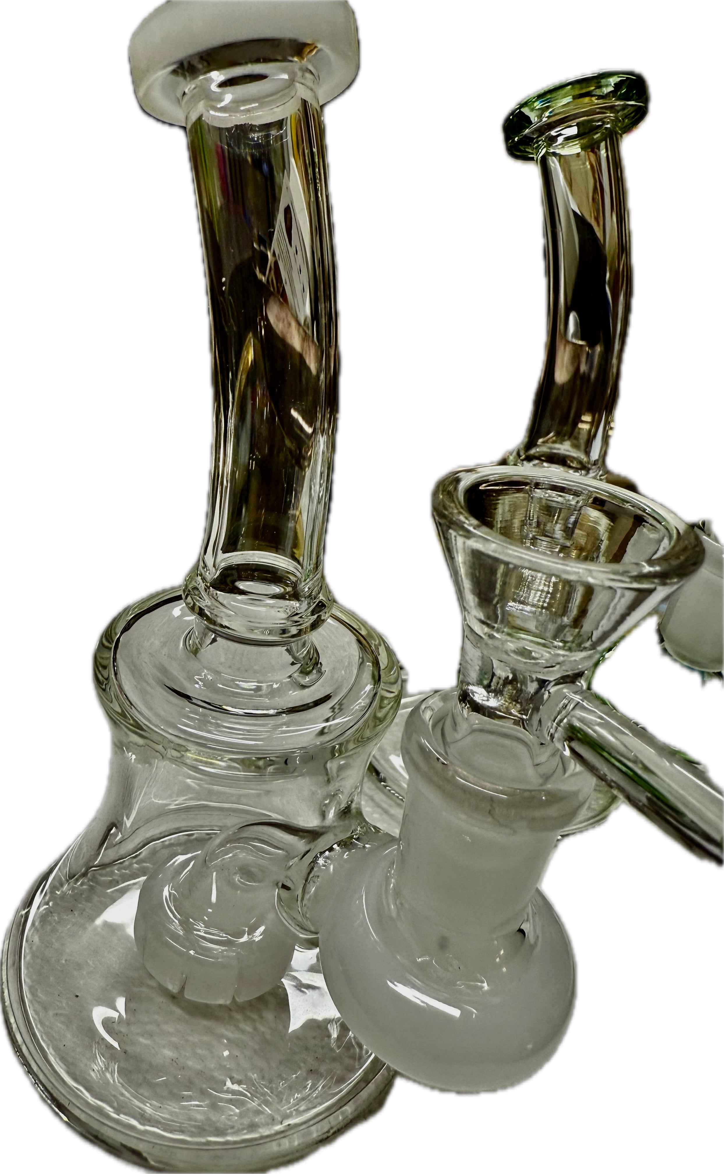 Ripkitty 7" conical bong — color shower neck, white base accent, three-quarter view showing iridescent neck twist and white sculpted percolator base