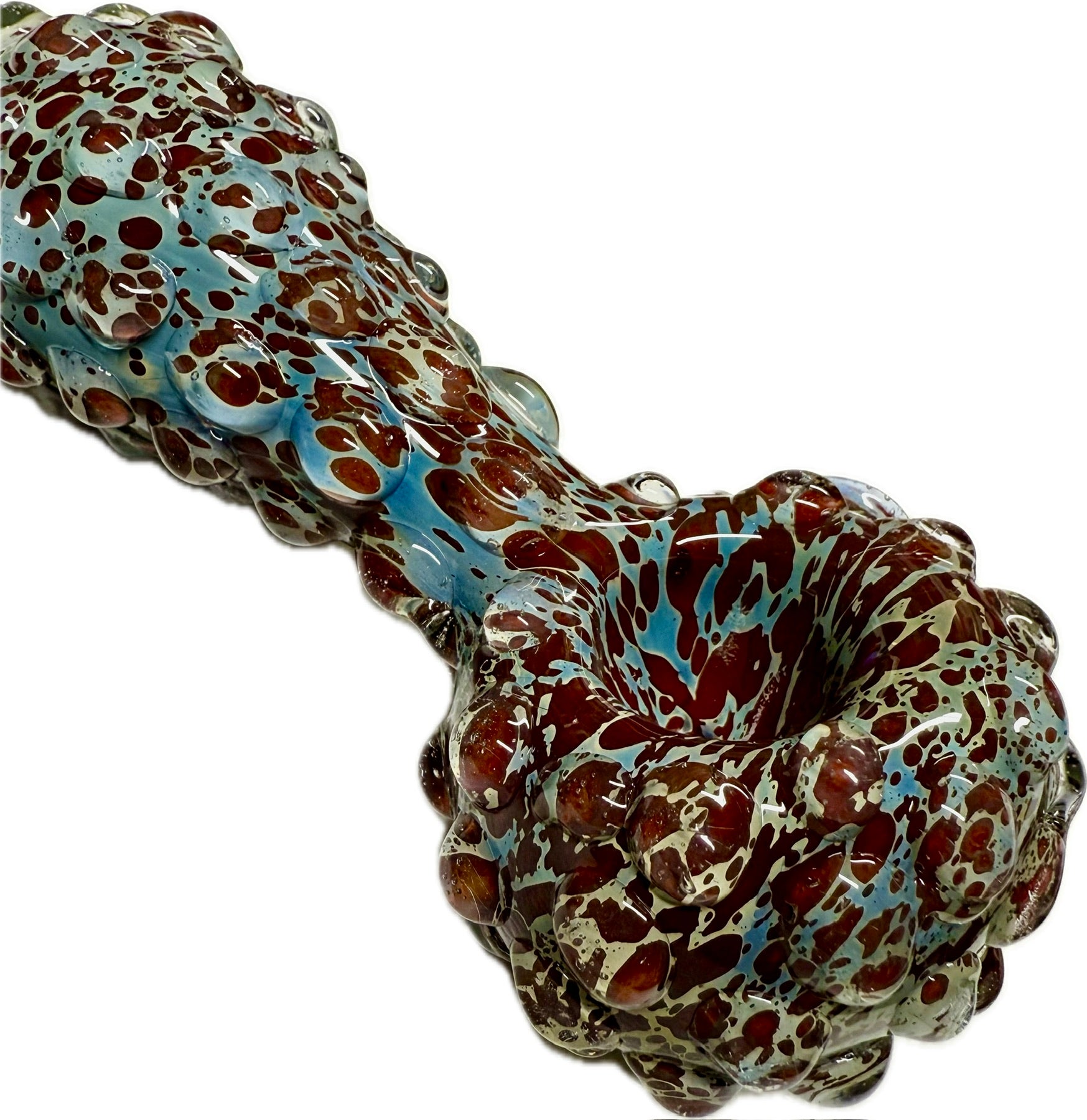 Ripkitty 5" blue spike spoon pipe — extreme close-up of bowl chamber showing teal-blue and dark red frit interior detail with raised bubble nodule rim, white background
