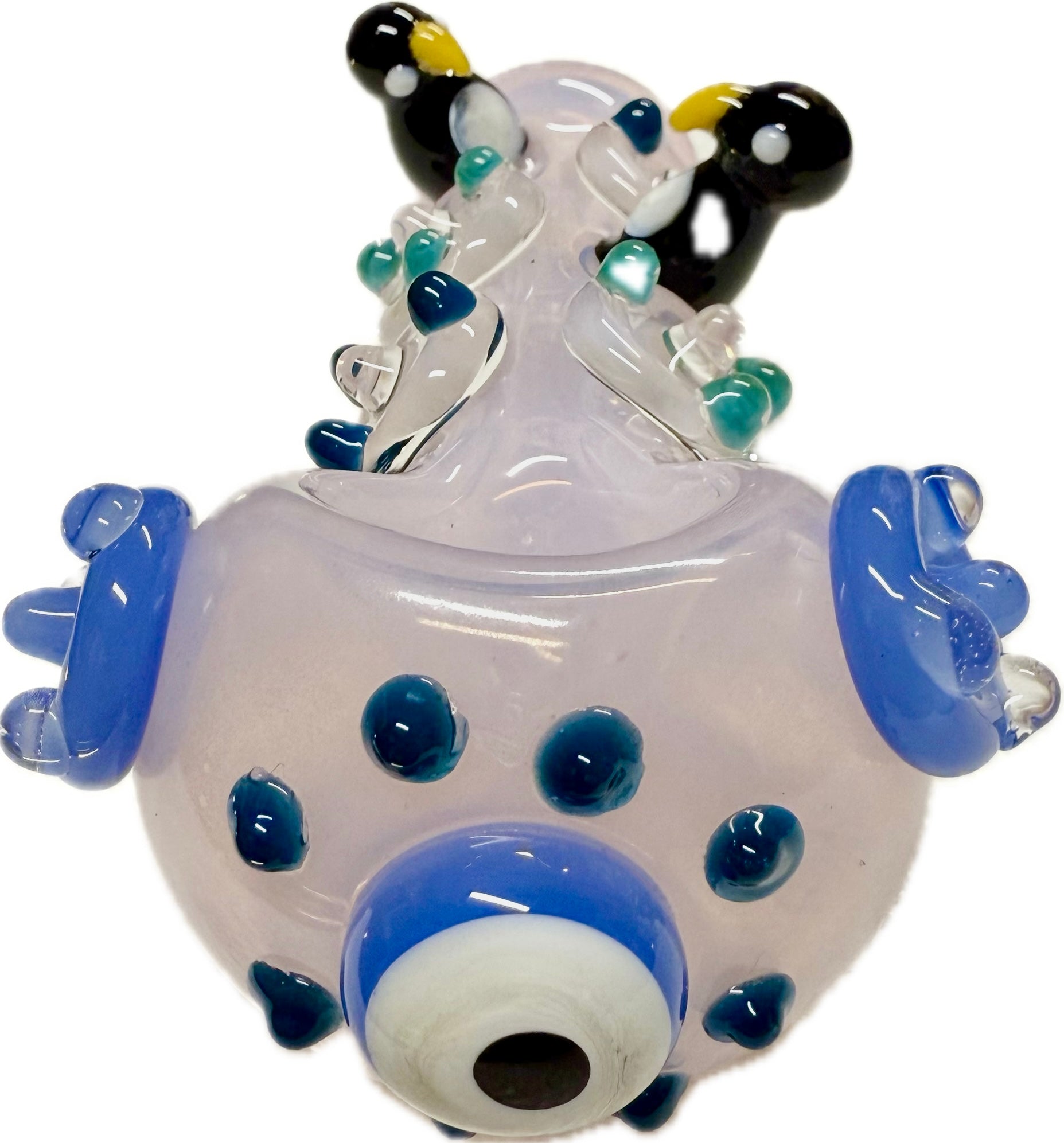  Ripkitty penguin art glass pipe — frosted pink body with blue accents, front bowl view showing evil eye accent and teal dot pattern, white background