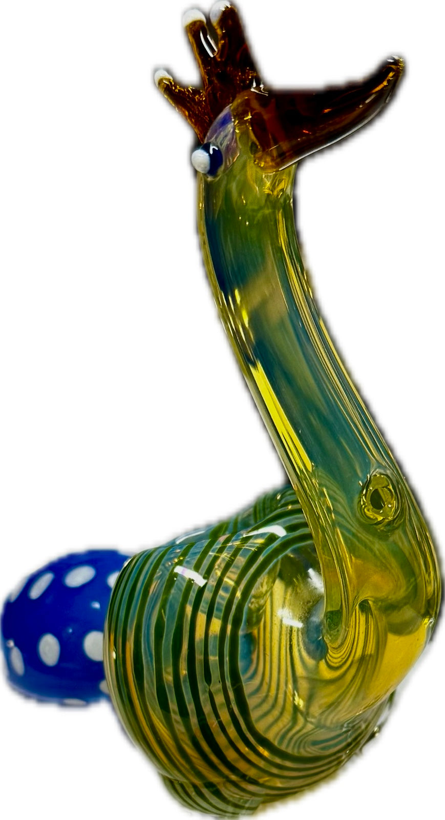 Ripkitty 5" peacock art pipe — teal-green colorway, angled overhead view showing peacock neck arch, crest prongs, and blue polka-dot bowl with teal interior