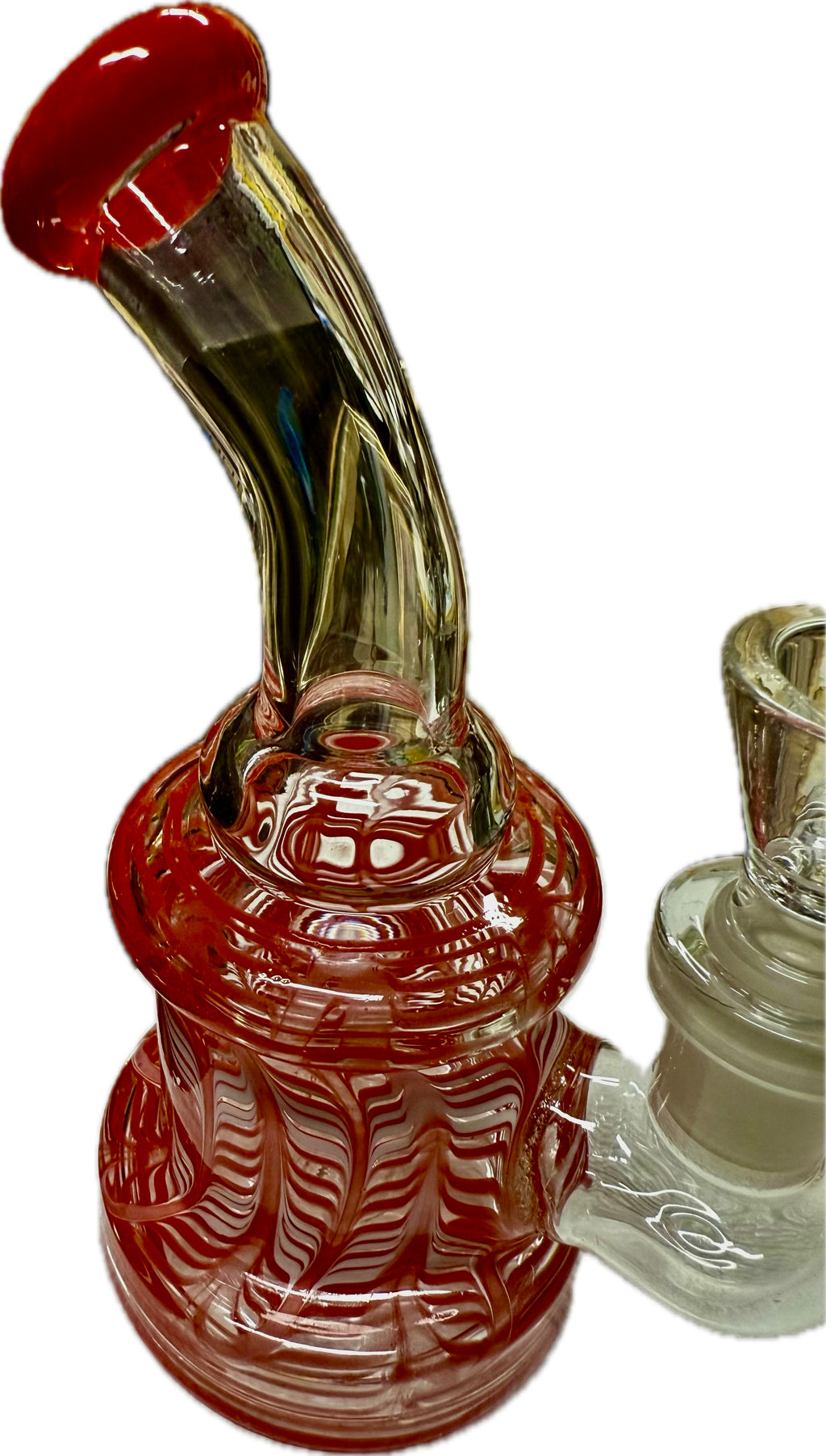 Angled close-up of Ripkitty 5" fancy mini bong in red with iridescent fumed neck, ornate ribbed base, and clear glass bowl