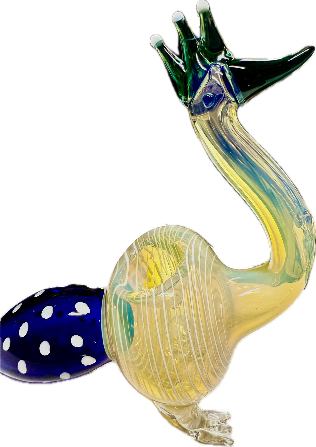 Ripkitty 5" peacock art pipe — teal-green colorway, three-quarter rear angle showing mouthpiece, striped body, and blue dot bowl