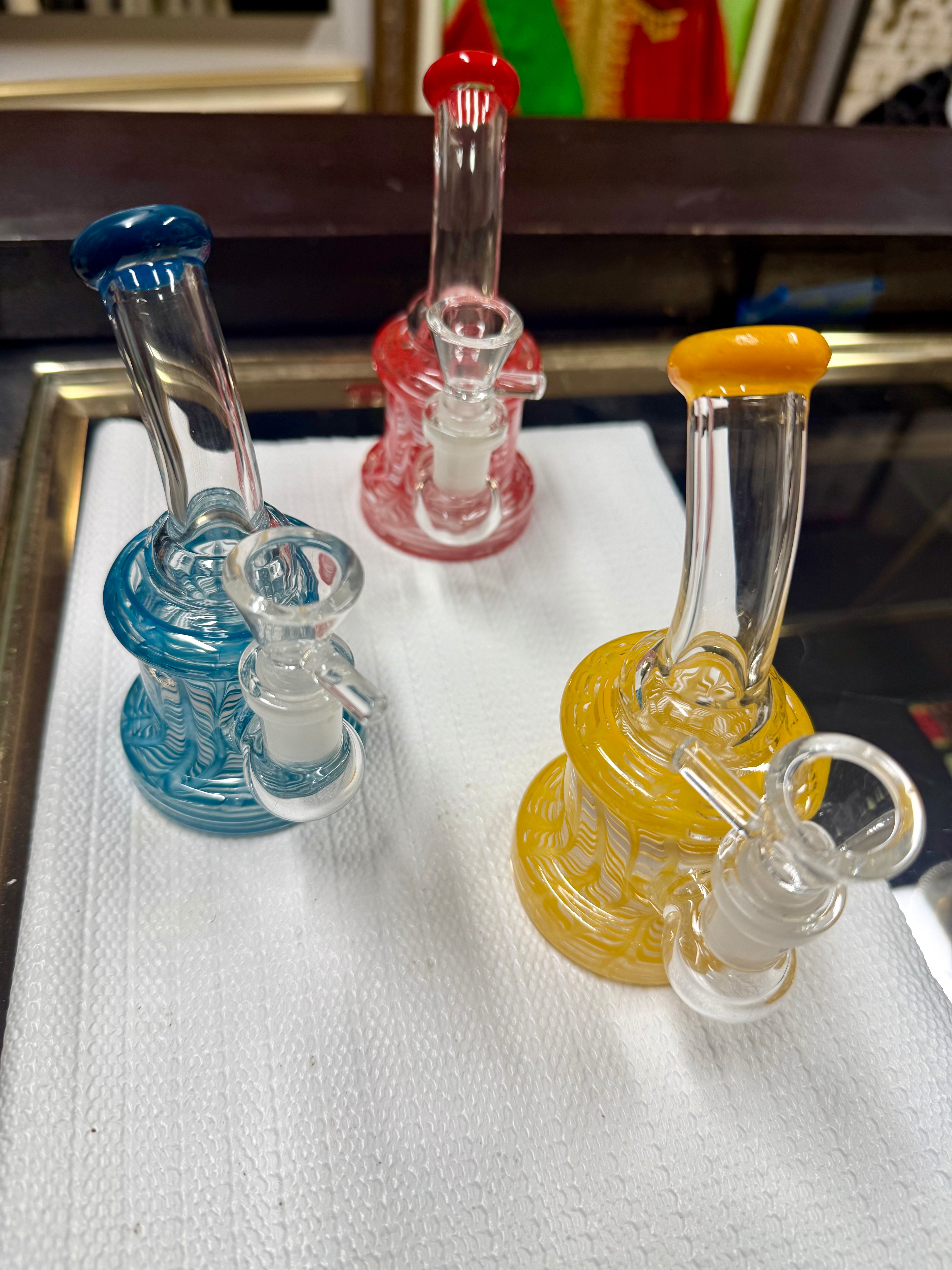 Three Ripkitty 5" fancy mini bongs with rod color accents and 14mm male bowl — assorted colorway