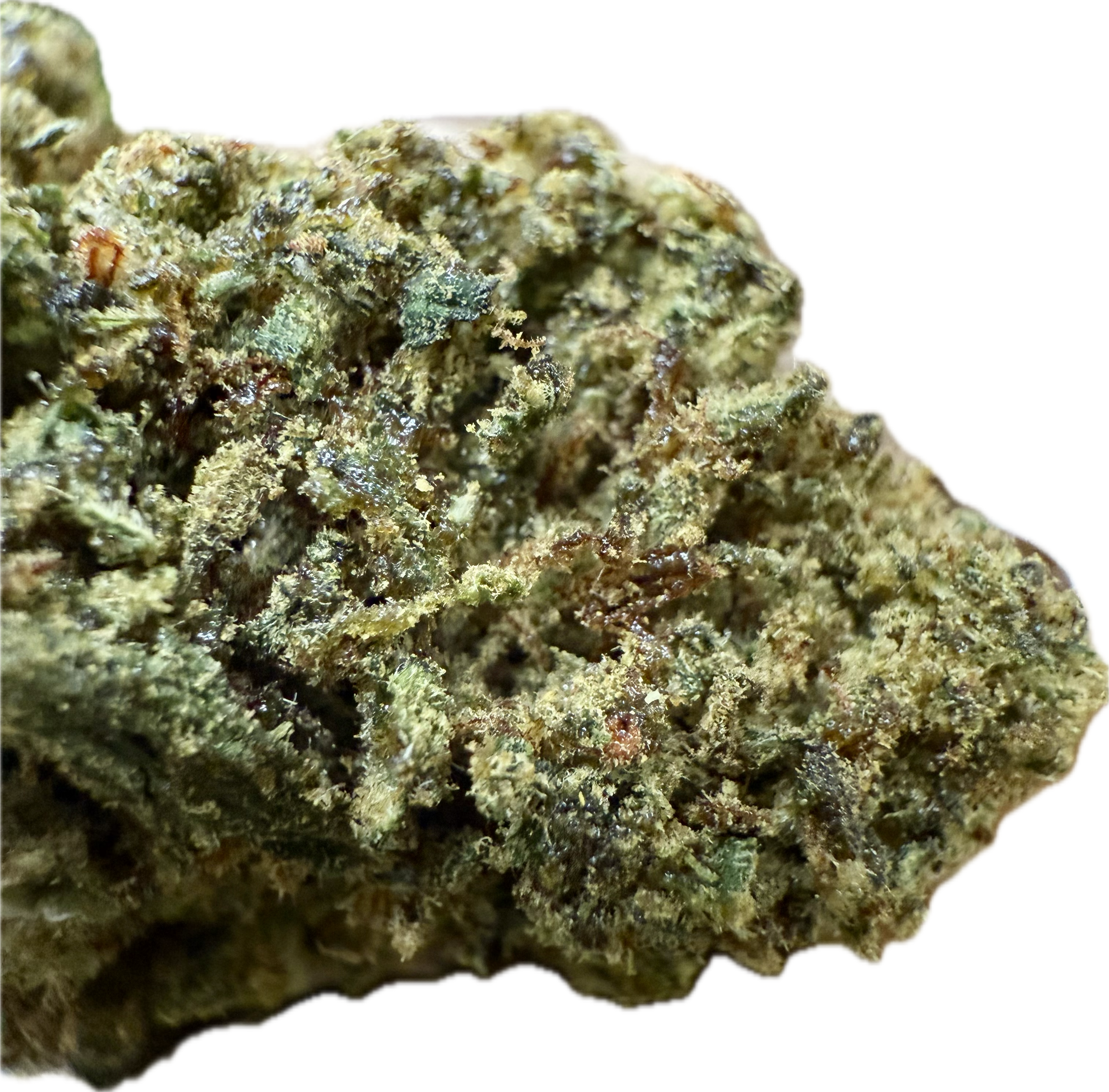 Macro top-down shot of Ripkitty Bubba Kush 59 HHC hemp flower showing golden trichomes and deep green calyxes