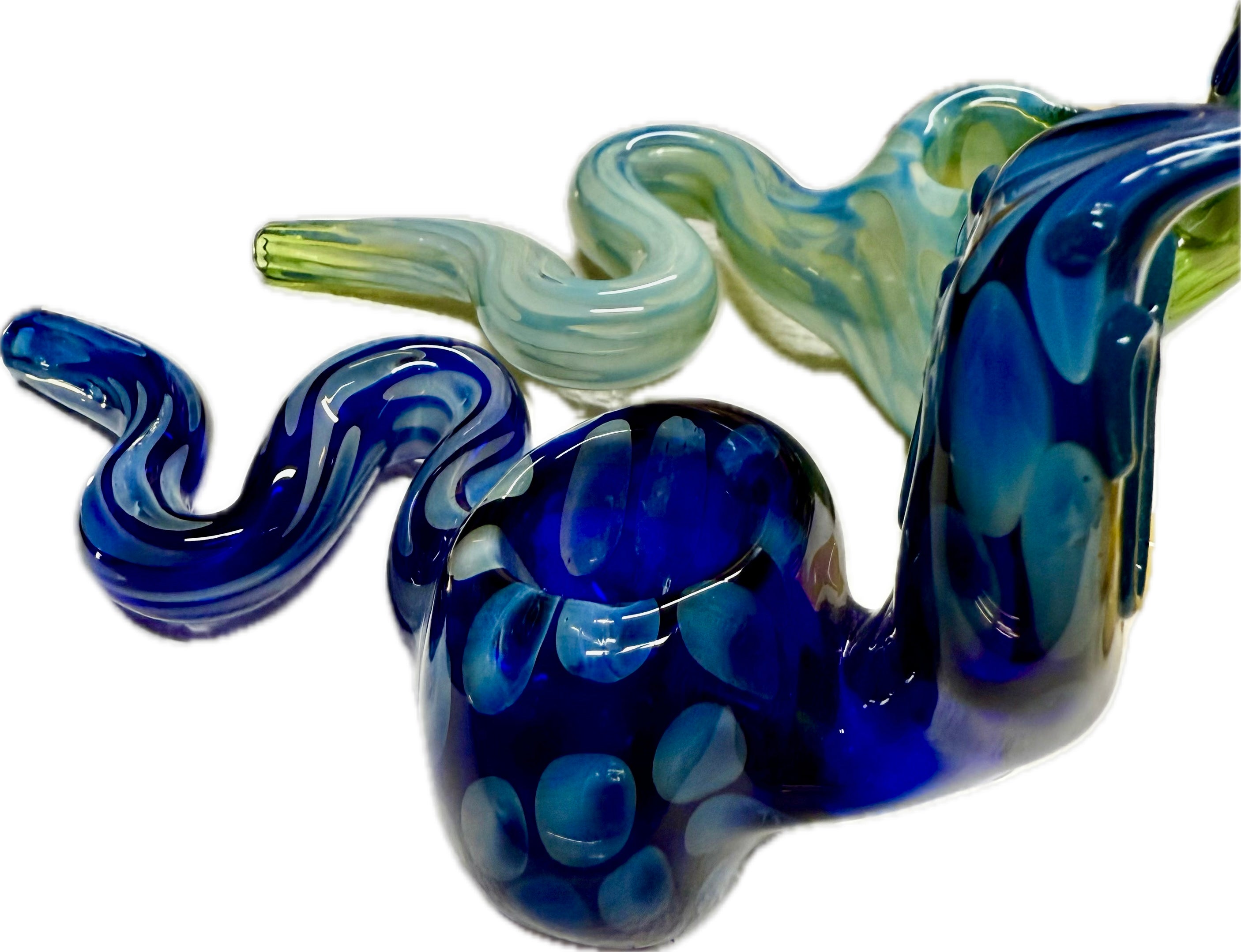 Two Ripkitty 5" COBRA glass pipes overlapping — navy blue and teal-green colorways — close-up of coiled bodies and bowl chambers