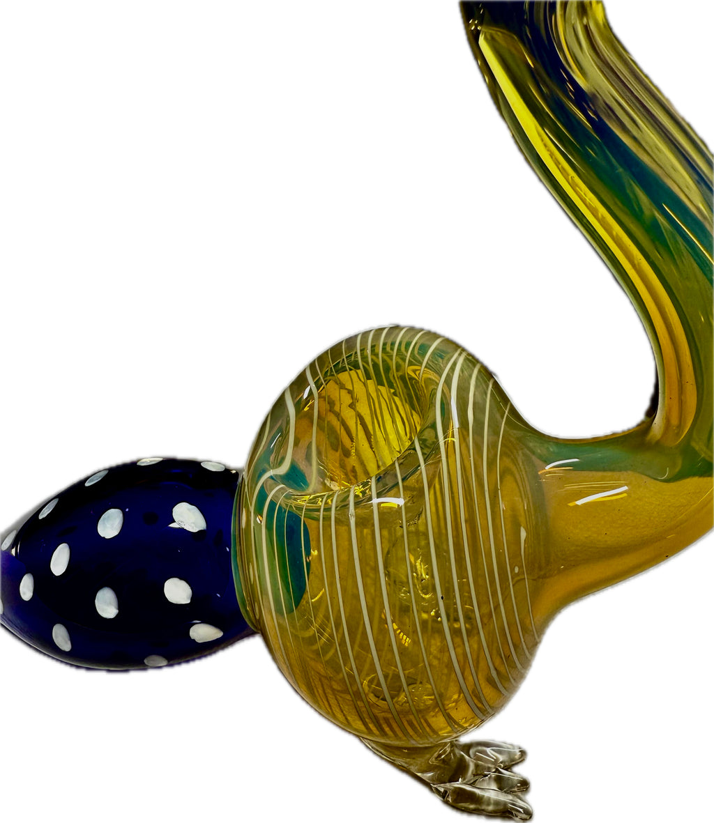 Ripkitty peacock pipe — teal-green colorway, close-up of peacock head and beak mouthpiece with glass eye bead and crest prong detail