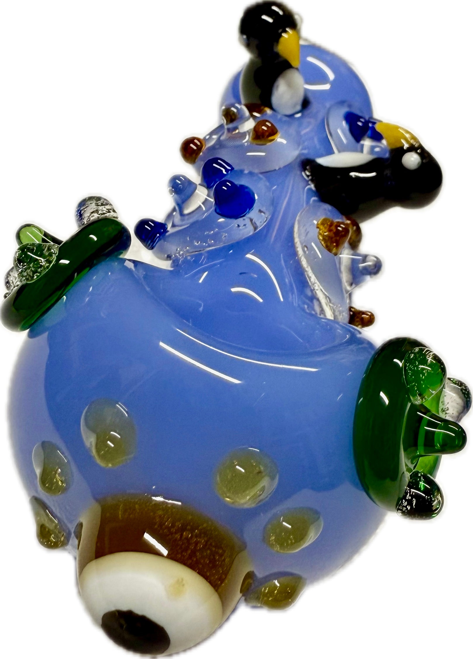 Ripkitty 4.5" penguin art pipe — periwinkle blue colorway, front bowl view showing evil eye accent, blue dot body, and flipper side accents
