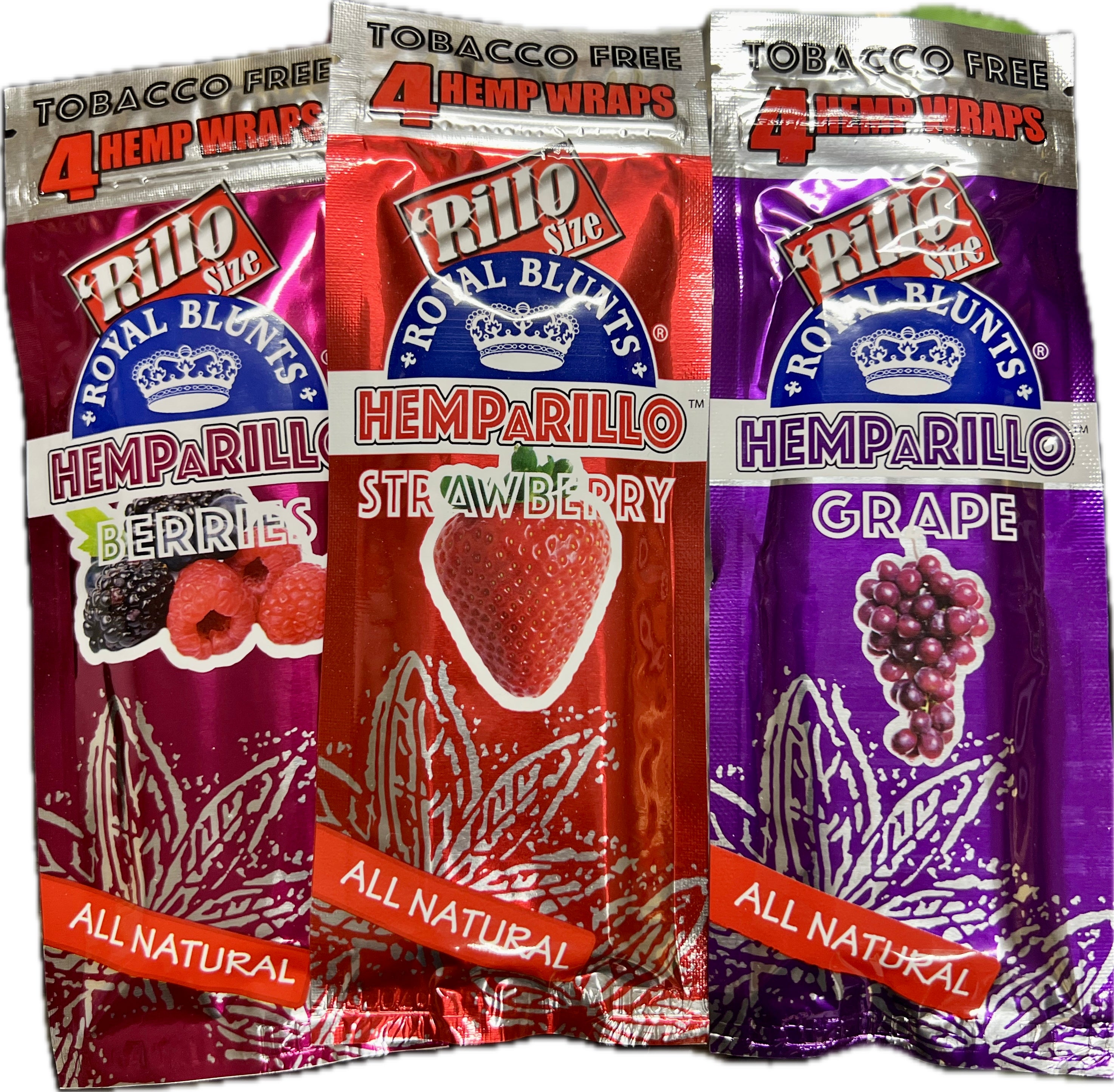 Royal Blunts Hemparillo tobacco-free hemp wraps 3-count pouch — Berries, Strawberry, and Grape flavors, Rillo size, all natural