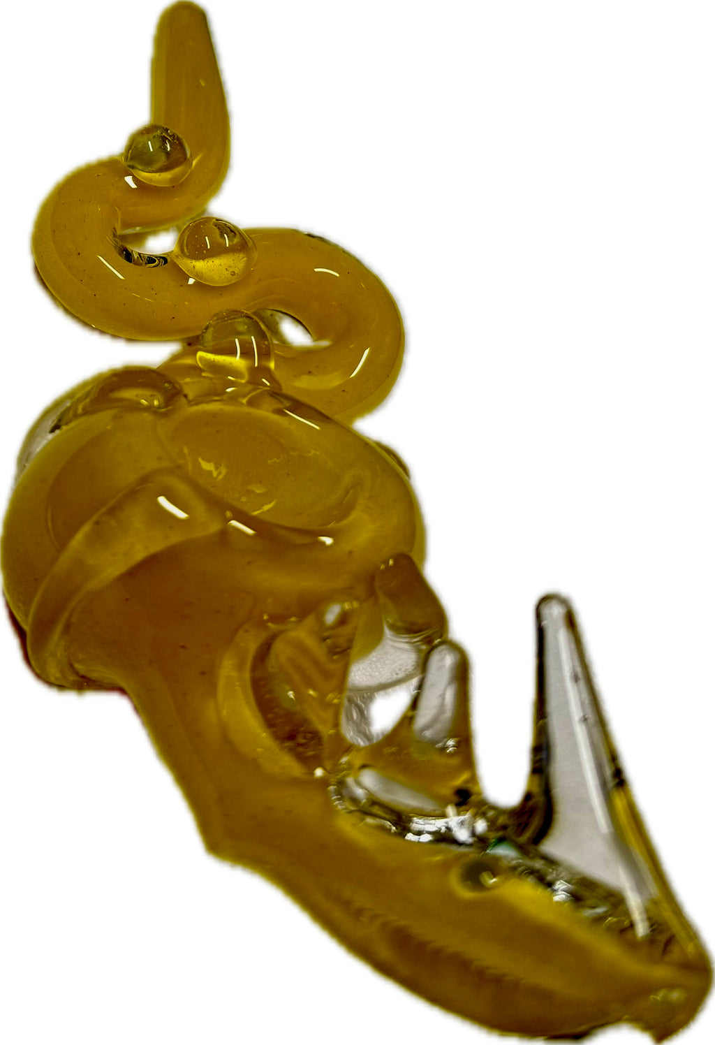 Close-up of Ripkitty 5" COBRA glass pipe bowl — cobra head sculpt with open chamber, amber color