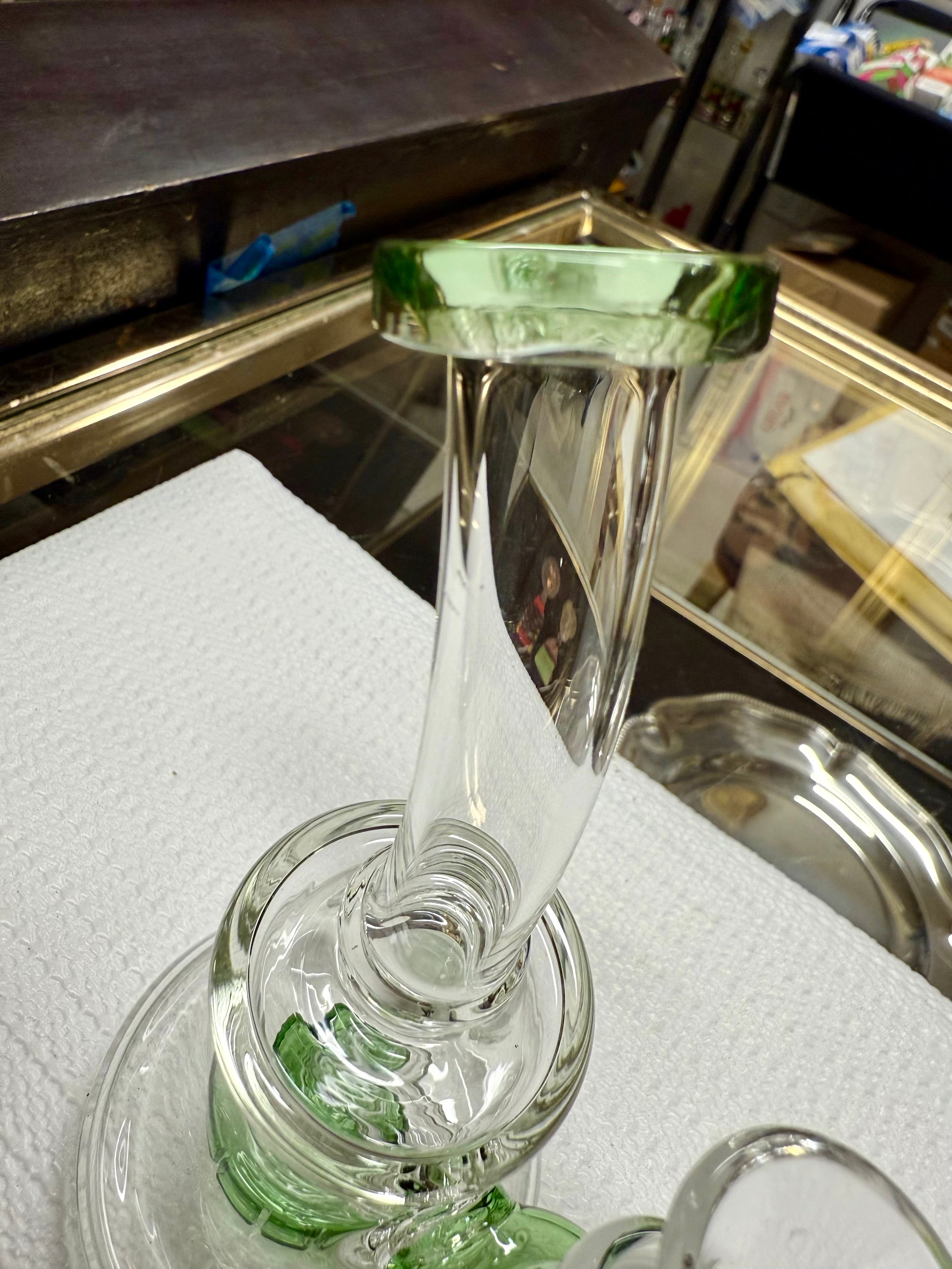 Ripkitty 7" conical bong — color shower neck, green base accent, top-down view showing flared mouthpiece opening and twisted iridescent neck